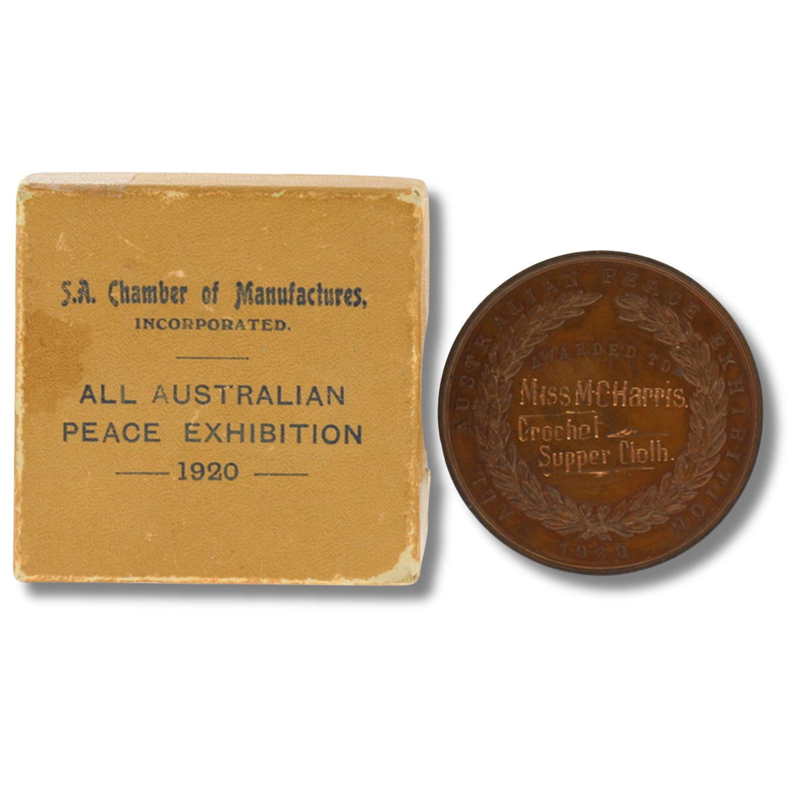 Australia 1920 Bronze Prize Medal, All Australian Peace Exhibition, Unc, Original Presentation Box: Rare with box. Awarded to "Miss M C Harris / Crochet / Supper Cloth" Size Diameter 51mm Medium Coins, Monies & Stamps Exhibited Medals, Commemorative