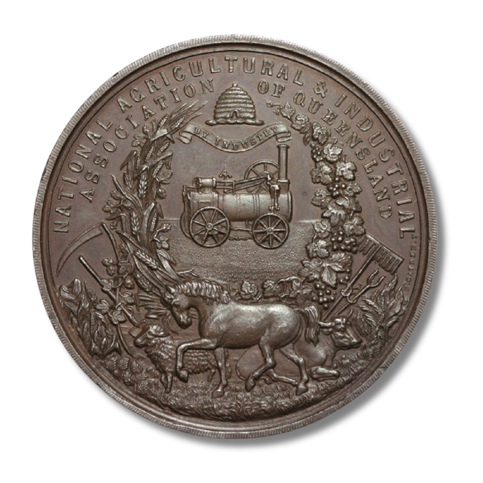 Australia Bronze 'First Prize' Medallion, A.E. Davis & Co, Blend Wine Vintage 1876-1880: "National Agricultural & Industrial Association of Queensland". Australia Bronze 'First Prize' Medal Awarded to 'A. E. Davis & Co.' for 'Blend Wine Vintage, 1876 - 1880', Uncirculated Size Diameter