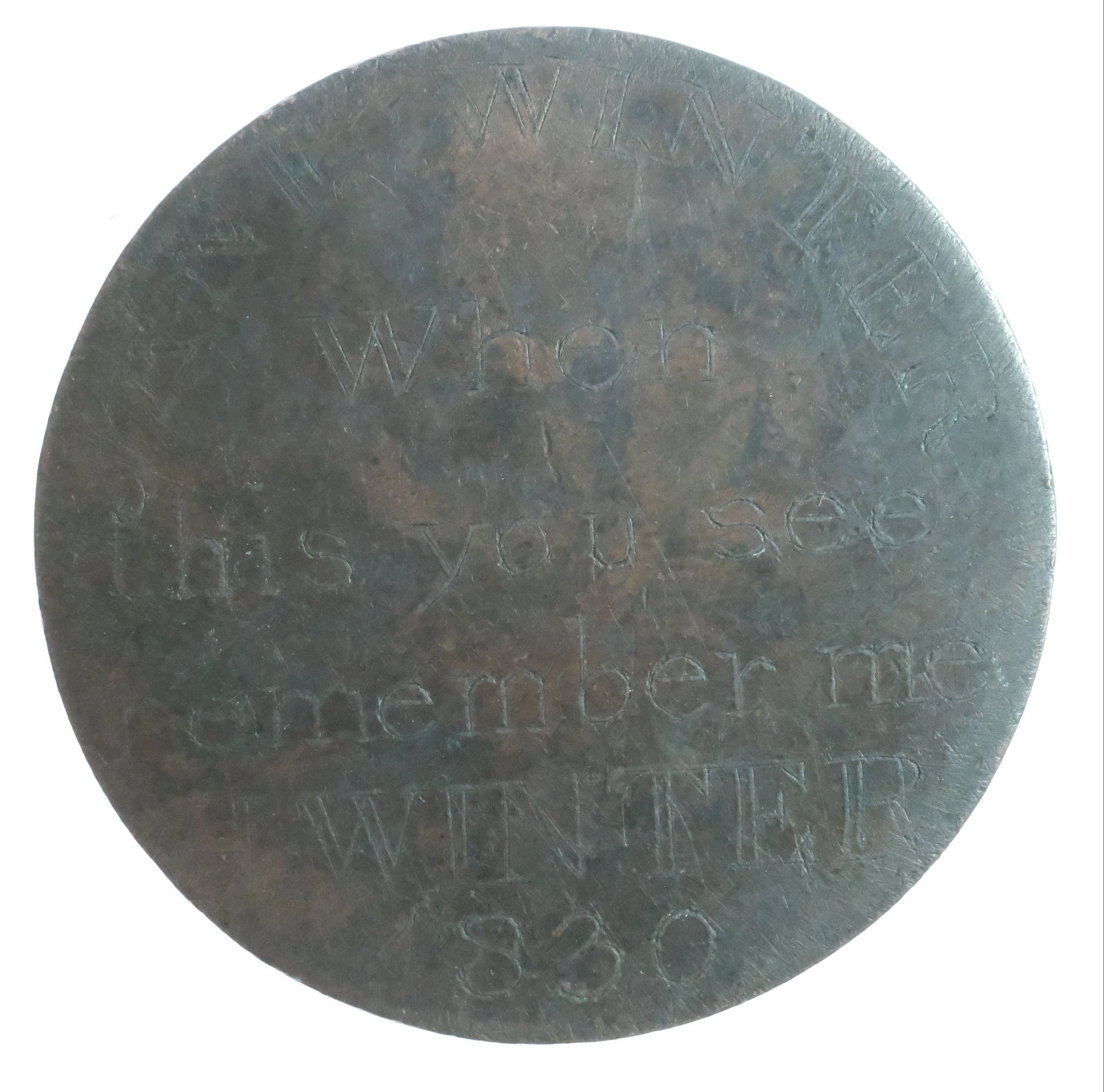 Australia c. 1830 Convict Love Token - Jane Winter (Age 26) lightly engraved on 1806 1d: Obv : Portrait of George III, Rev : JANE WINTER / When this you see / remember me / J WINTER / 1830 Size Diameter 34 mm Medium Coins, Monies & Stamps Literature Jane Winter, alias Sarah Wood, a ho