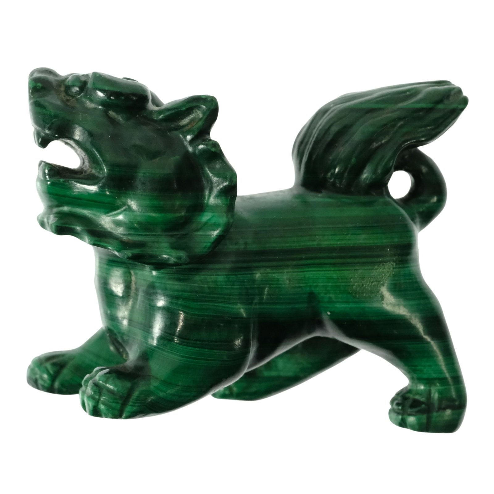 Miniature Chinese Foo Dog in carved Malachite: . Size Stands 3.5cm Medium Chinese Exhibited Statues, Foo Dog