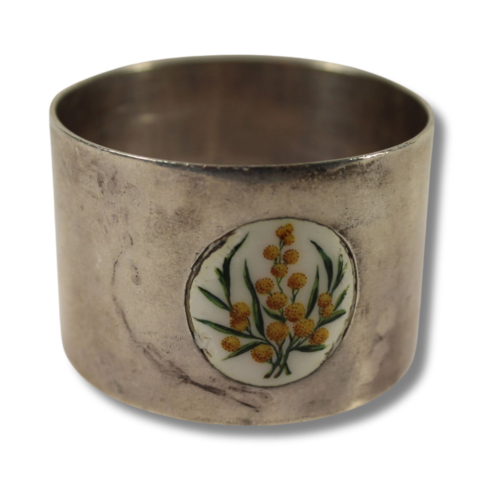 Hardy Brothers Serviette Ring in Sterling (925) Silver with Enamelled Floral Panel (1 of 3)