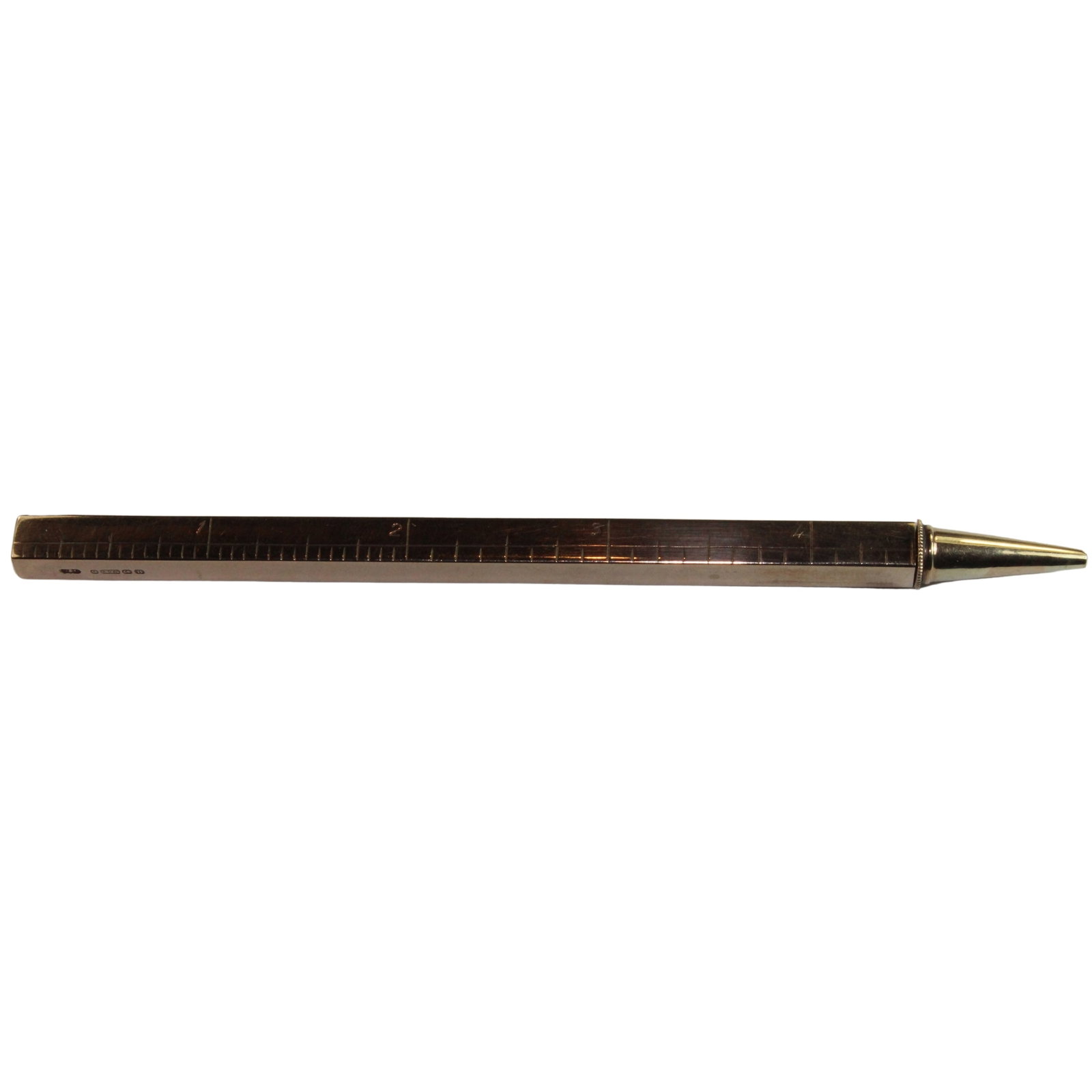 Extendable Pencil / Ruler in 9ct Yellow Gold: Maker C C, Birmingham, 1926 The Perfect gift for an architect or Draughtsman Size Total weight 24.5gms. Length 14cms. Extended length 33cms Medium Pens