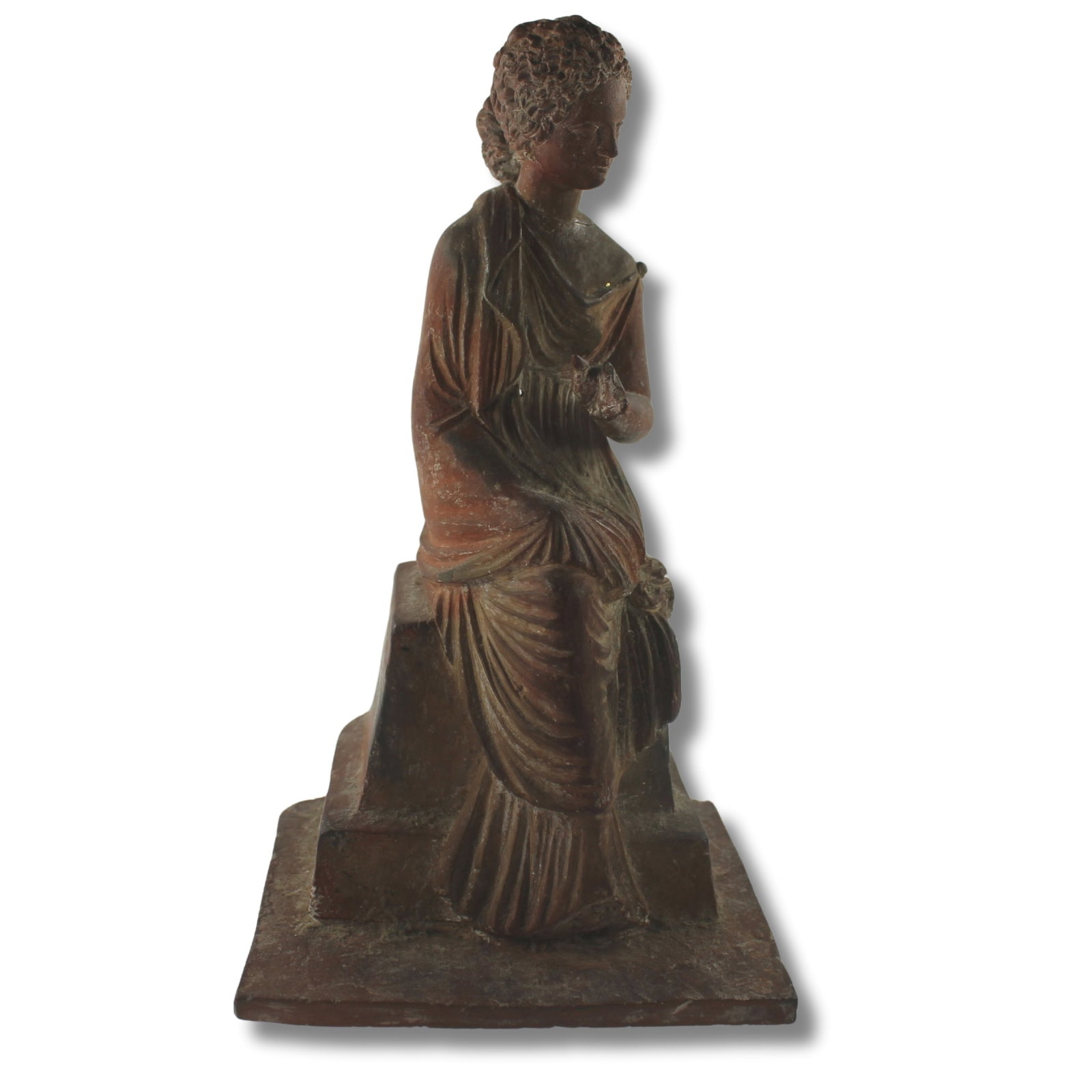 French 19th Century Classic Roman Terracotta Figure seated on Pedestal: Storch 1851 on base Size Stands 16cms Condition Losses to fingers Medium Ceramics & Pottery