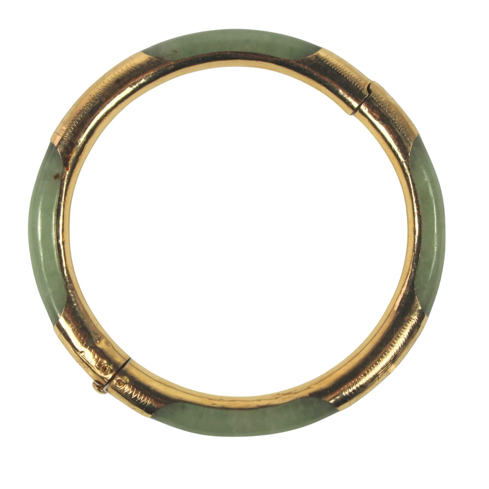 Antique Green Jade Bangle with engraved 14ct Yellow Gold inner Sleeve: . Size Diameter 70mms Medium Bracelets