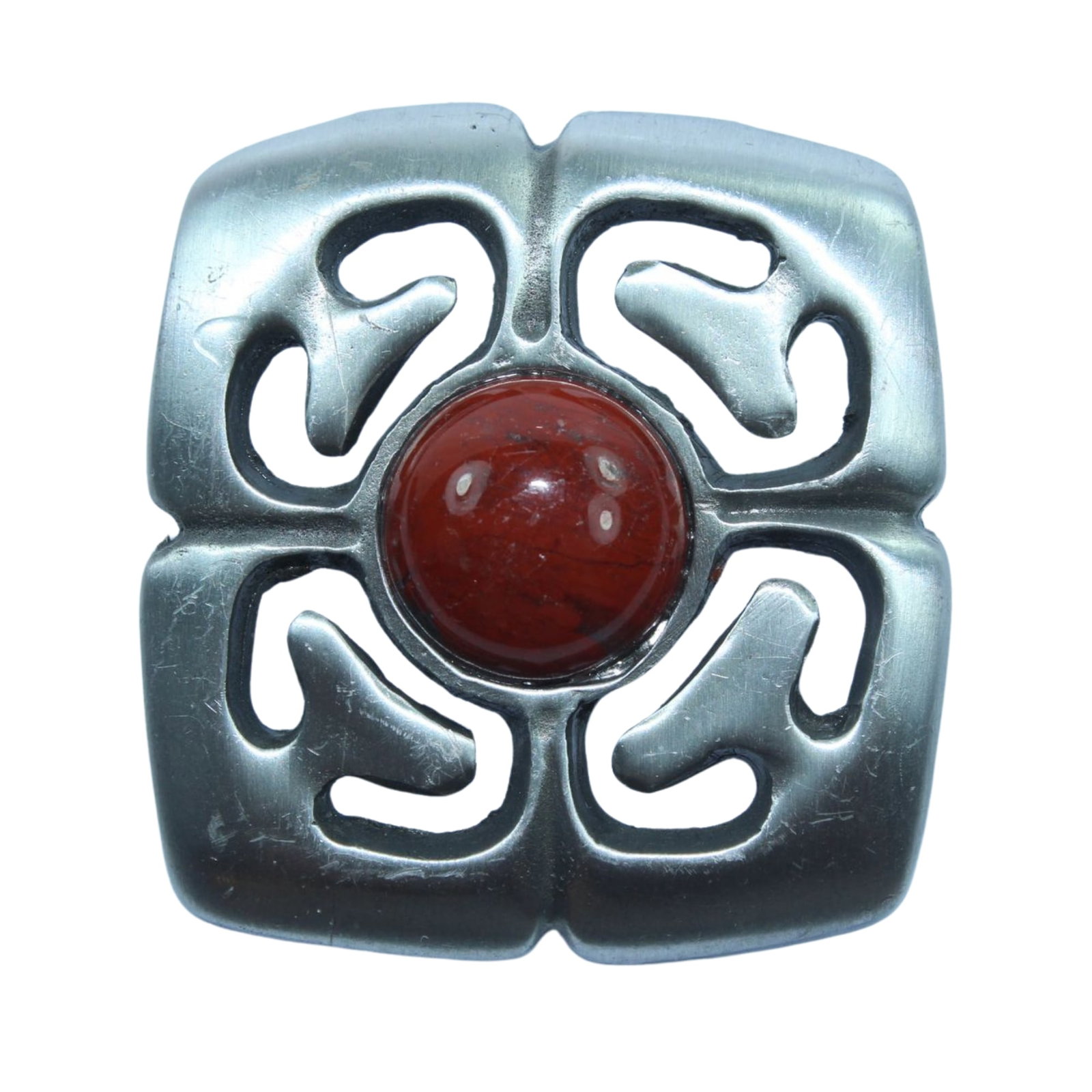 Norwegian Brooch of Square design with Red Button centre: Base metal Size Dimensions : 4 x 4cms Medium Pins & Brooches