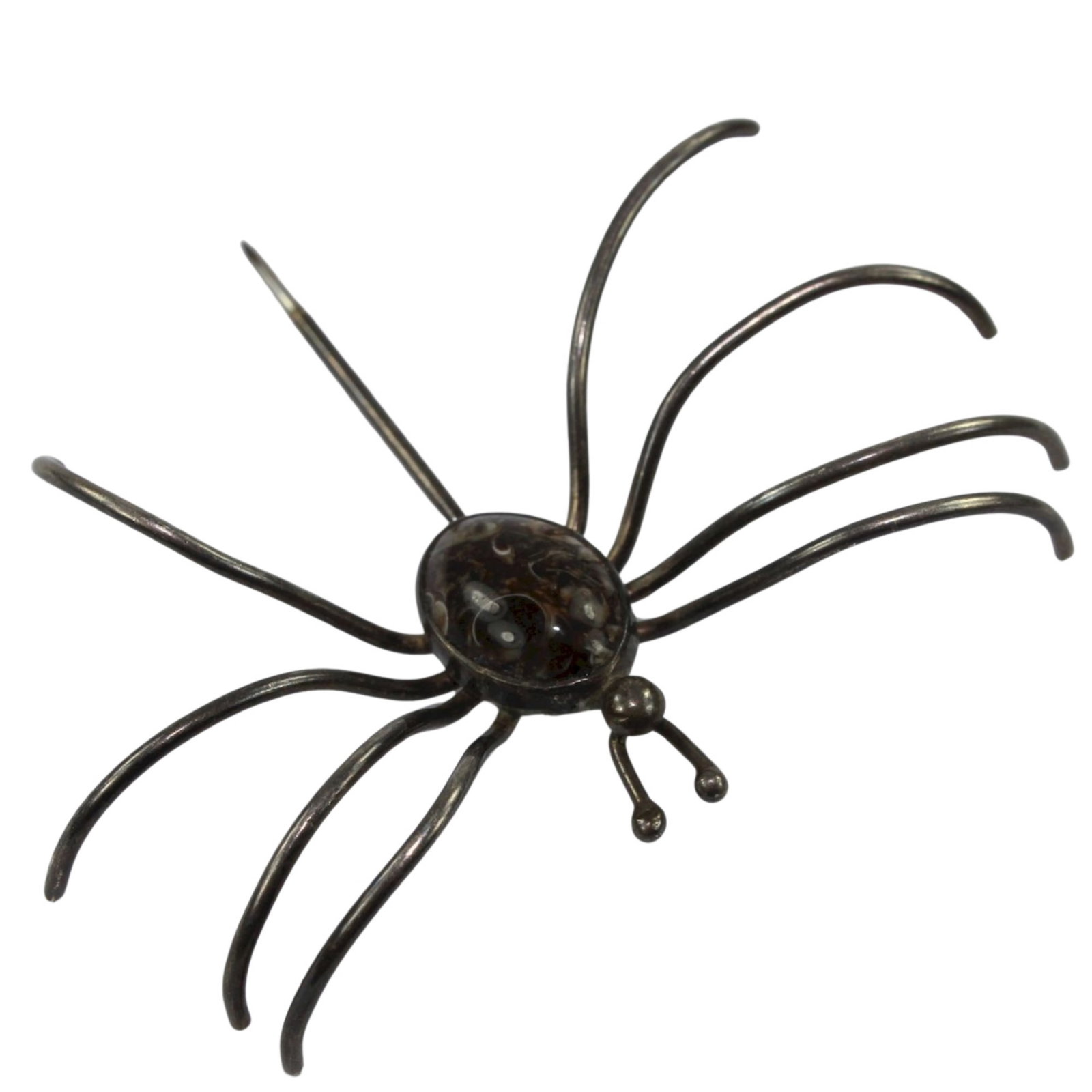 Unique Spider Brooch in Sterling (925) Silver with patterned Agate Body: . Size Spans 6.3cms Medium Pins & Brooches