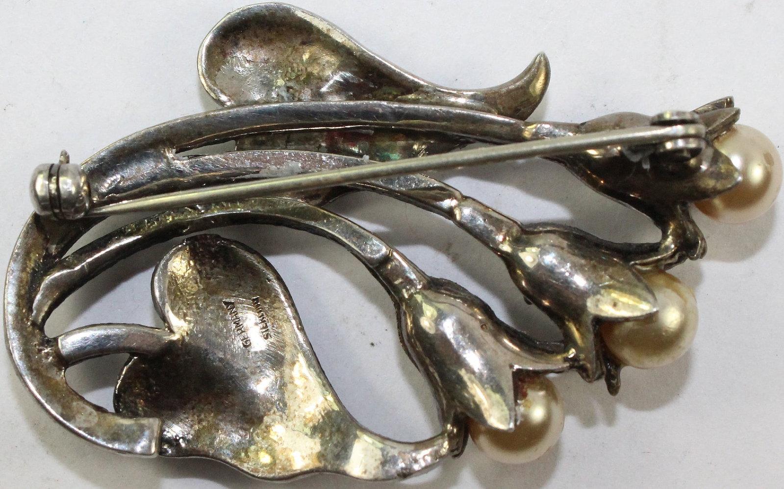 Vintage Marcasite and Pearl Floral Brooch in Sterling (0.925) Silver - 2