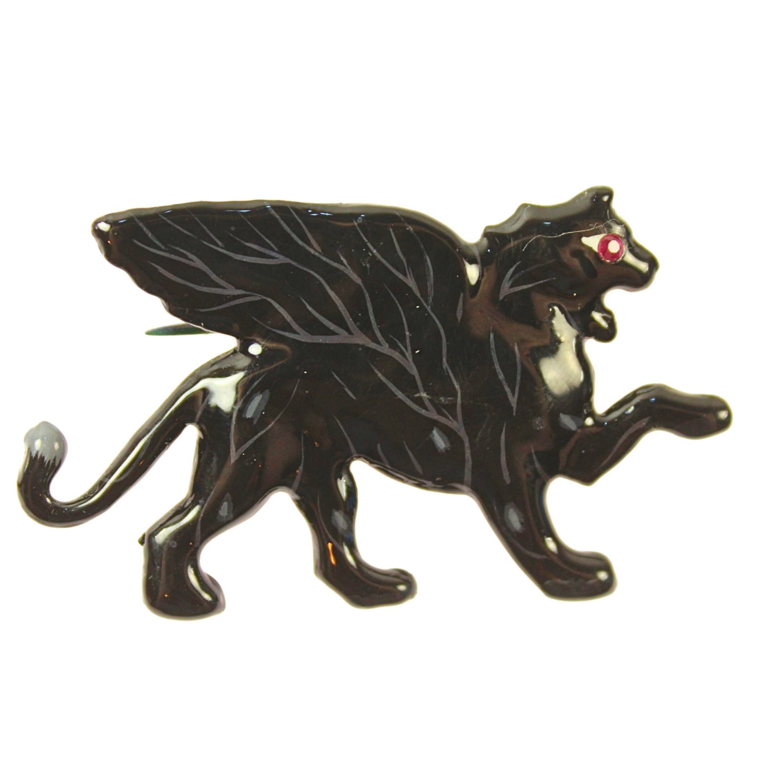 Black enamelled Winged Lion Brooch in Sterling (925) Silver: Enameled & Crystal set Size Weight 19.88grams : 6x4cms Medium Pins & Brooches