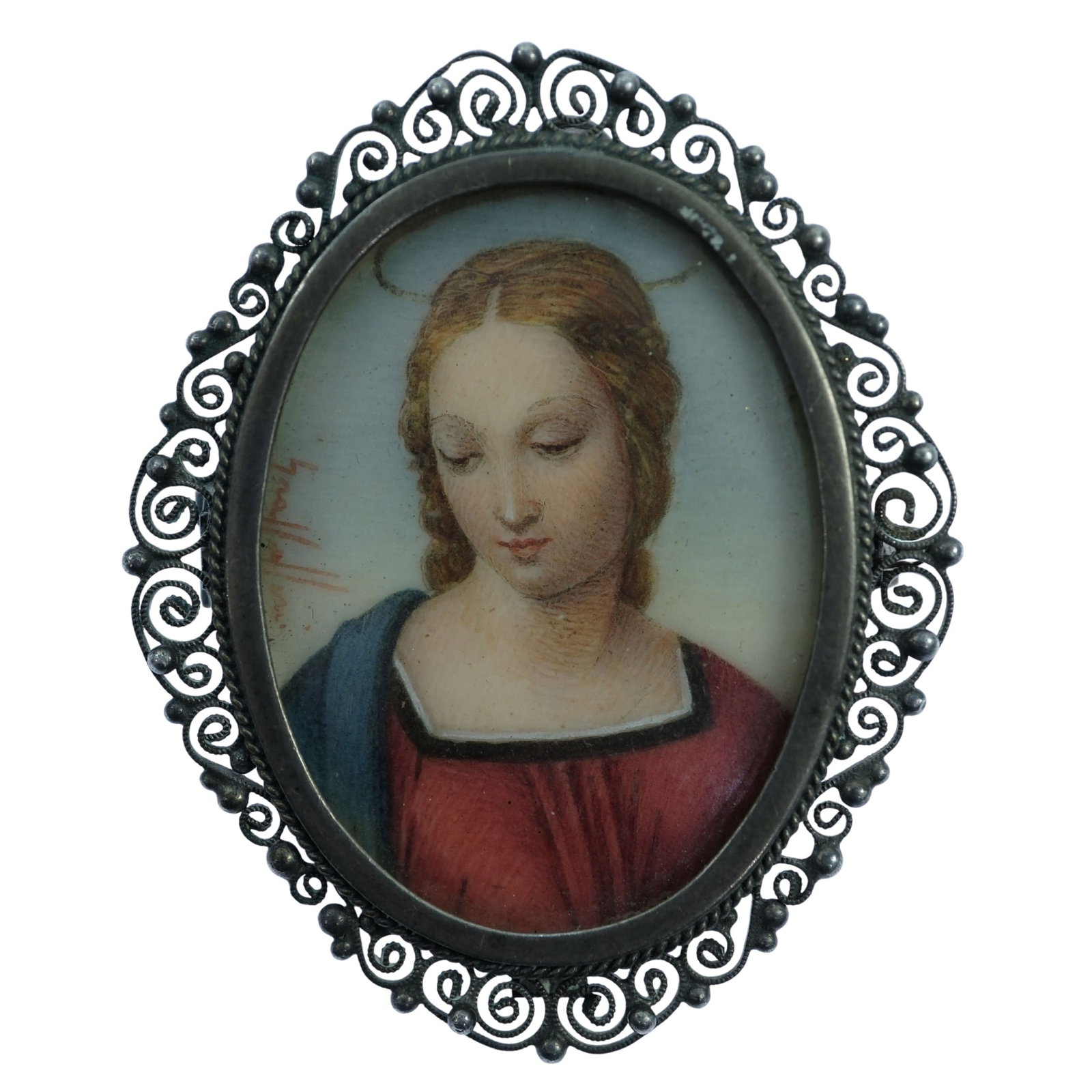 Signed Miniature Portrait of Mother Mary in a European (800) Silver Brooch / Pendant Mount: . Size 4.5x3.5cms Medium Pins & Brooches