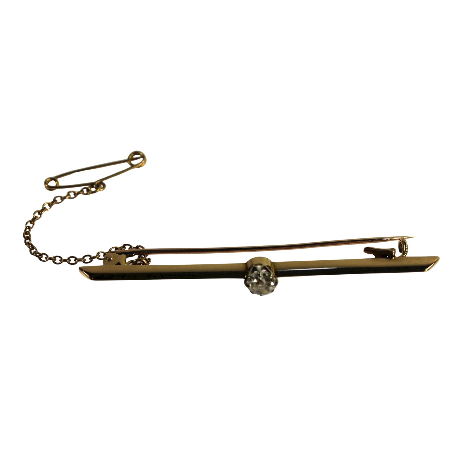 Old-cut Diamond Bar Brooch in 15ct Yellow Gold with Safety Chain: Impressive Half Carat Diamond Size Length 6cms : Total weight 3.94gms Condition Pin & Chain are 9ct Medium Pins & Brooches