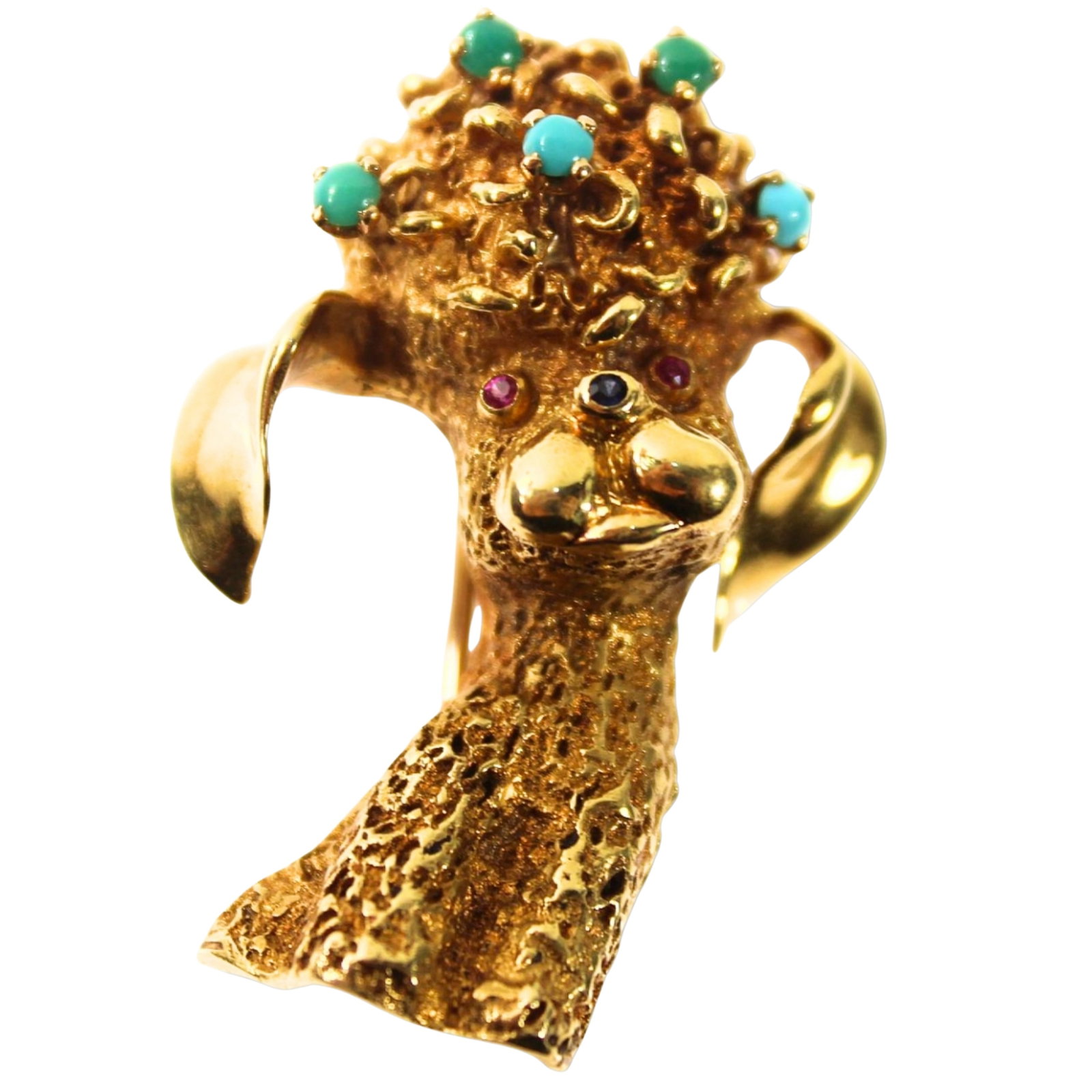 Exquisite Designer 'Poodle' Brooch in 17ct Yellow Gold: Ruby, Sapphires & Turquoise decoration Size Total weight 21.46gms Medium Pins & Brooches Exhibited General