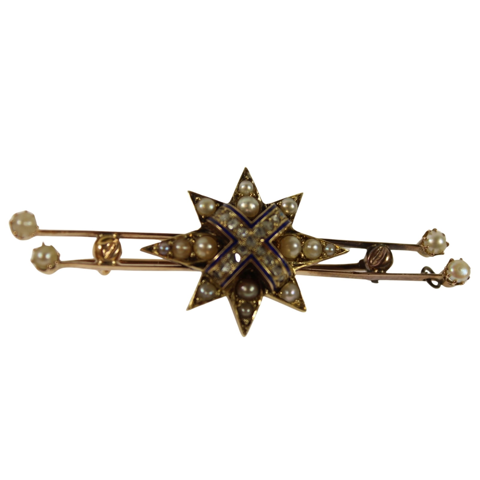 Victorian Bar Brooch in 18ct Gold adorned with Old-cut Diamonds, Seed Pearls & Enamelling: Mixed Carat but predominantly 18ct Yellow Gold Size Length 6cms : Total weight 7.90gms Medium Pins & Brooches