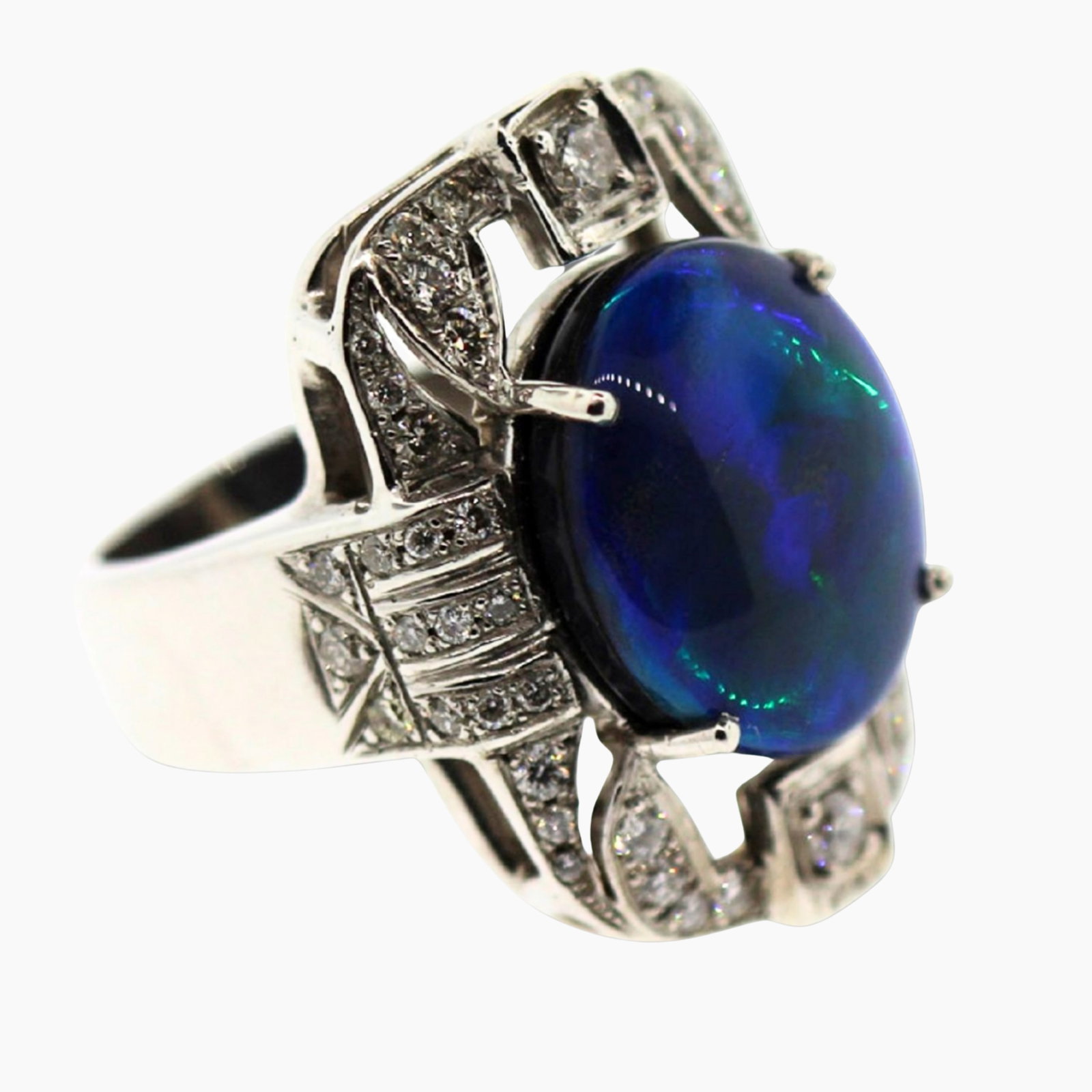Deco-style Opal triplet & Diamond Ring in 9ct White Gold: Approx 2 carats of Diamonds in total Size Size M : Total weight 12.09gms Medium Rings
