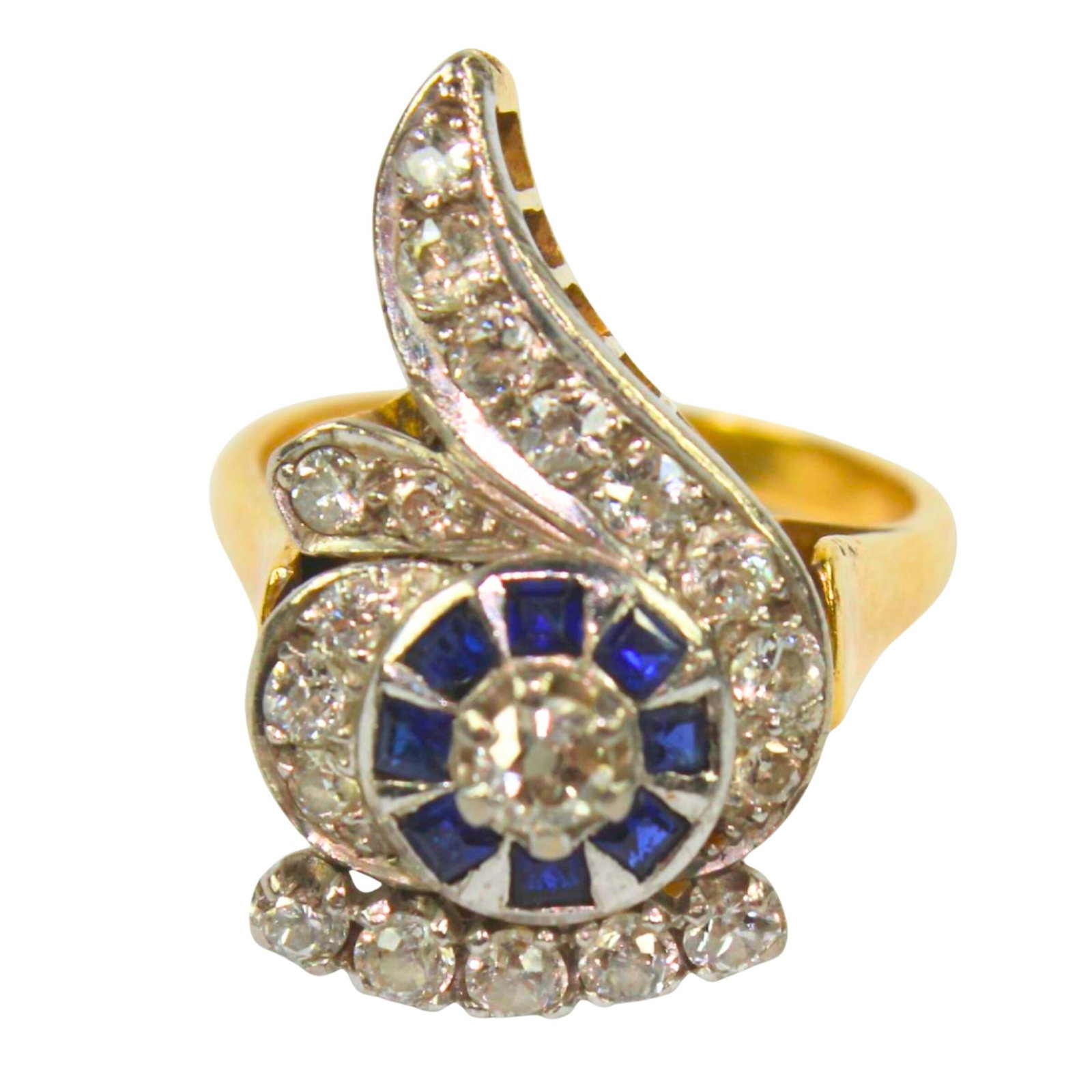 Bespoke Diamond & Sapphire Ring in 18ct Yellow Gold: Interesting design resembling a raised thumb. Over a carat of Old-cut Diamonds Size Size L : Total weight 6.61gms Medium Rings