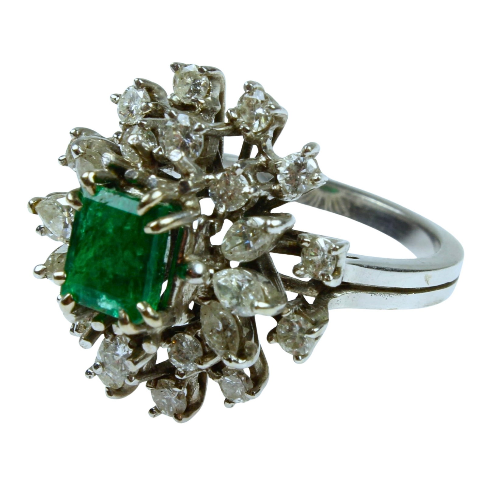 Impressive Emerald & Diamond Ring in 18ct White Gold: 1960's High Fashion. Size Size M : Total weight 7.15gms Medium Rings