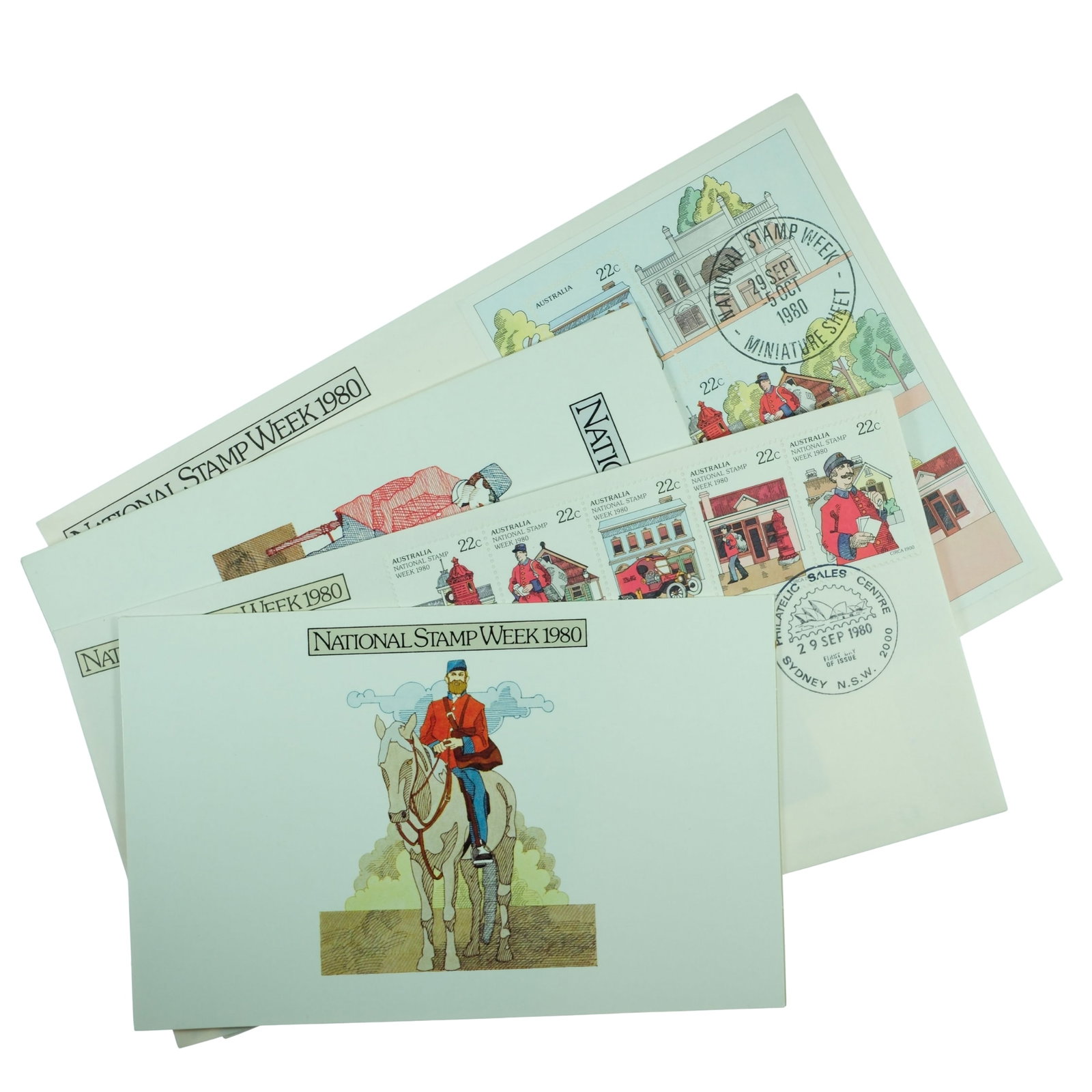 Australia 1980 'Stamp Week' items (4 Different), Mint Condition: Includes Miniature Sheet Medium Coins, Monies & Stamps