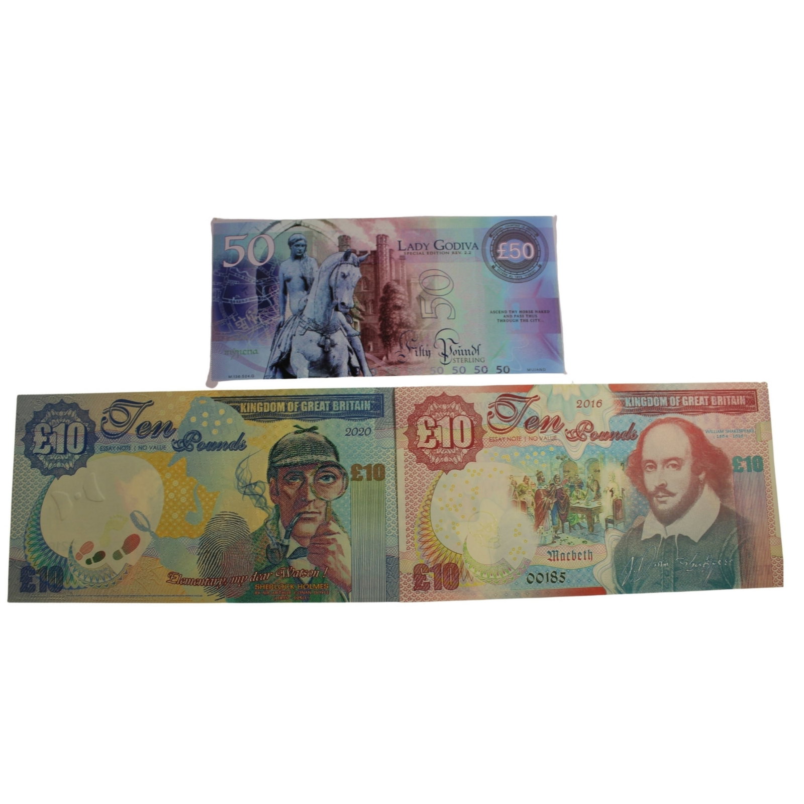 Kingdom of GB 'Macbeth,Sherlock Holmes' Fantasy £10 (2) & 'Lady Godiva' £50 , Uncirc (3 n: Holmes, Shakespeare & Godiva Medium Coins, Monies & Stamps Exhibited Paper Money, General