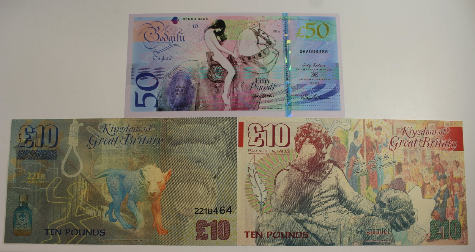 Kingdom of GB 'Macbeth,Sherlock Holmes' Fantasy £10 (2) & 'Lady Godiva' £50 , Uncirc (3 n - 2