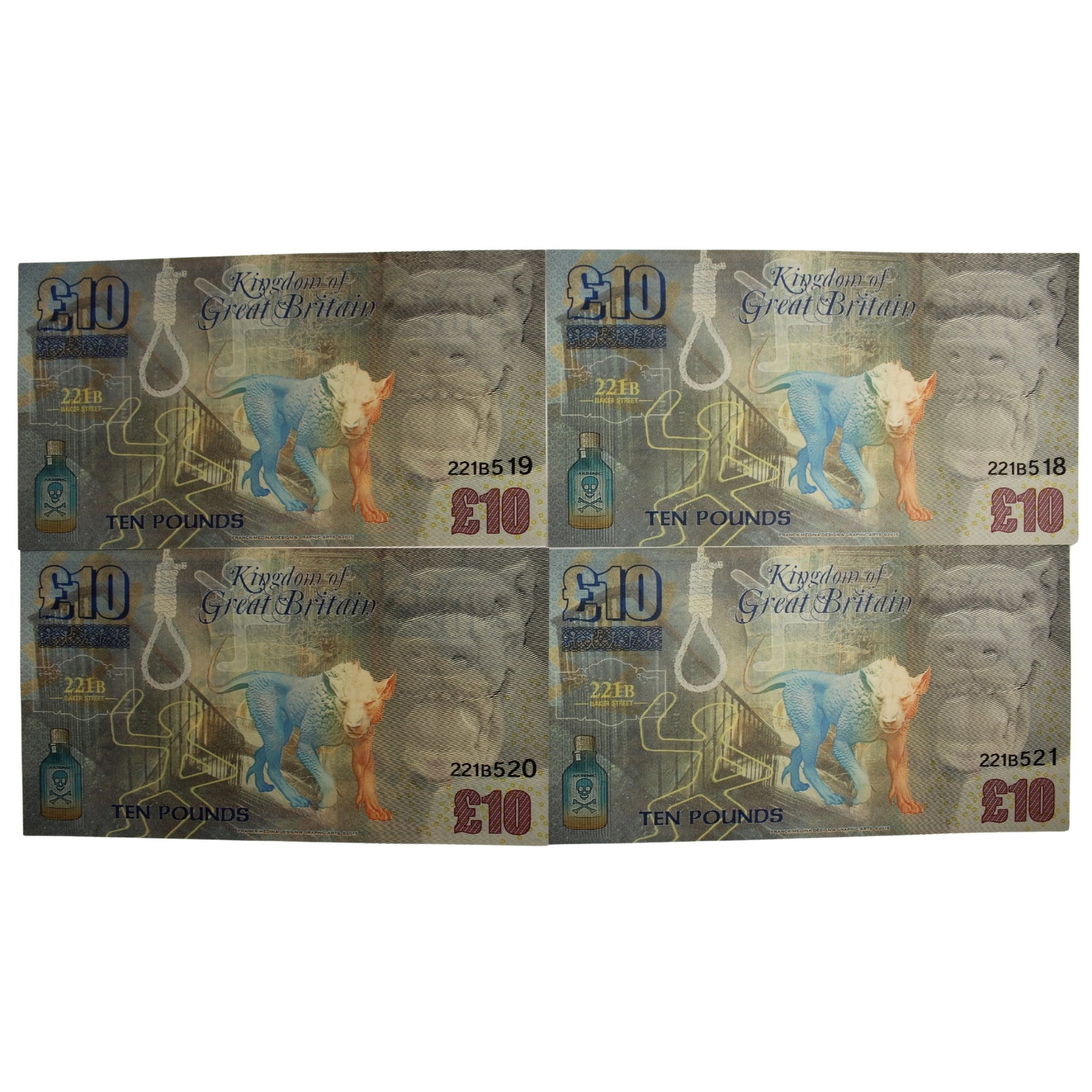 Kingdom of Great Britain 'Sherlock Holmes' Fantasy £10, Uncirculated (4 Consecutive Serial Note: . Medium Coins, Monies & Stamps Exhibited Paper Money, General