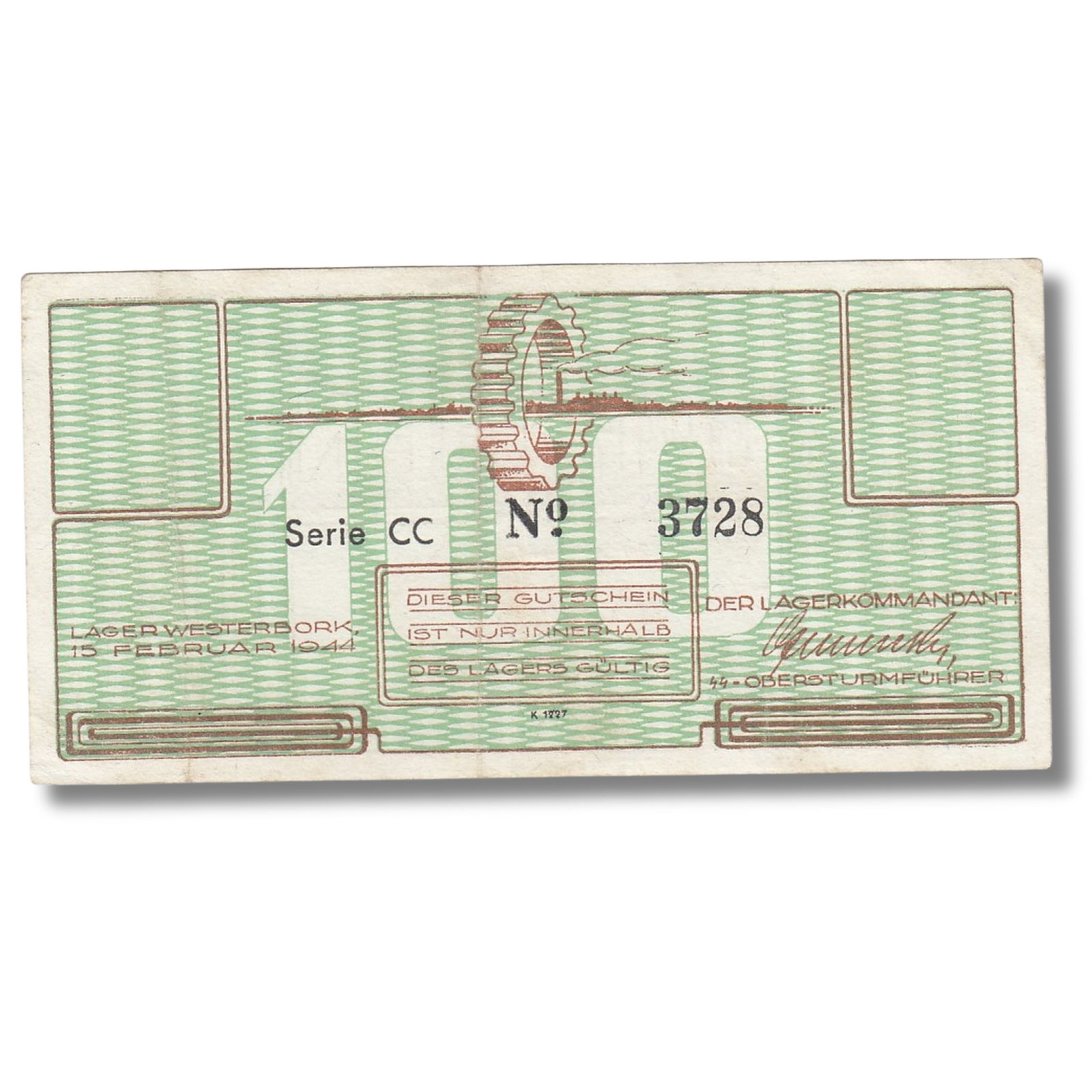 WWII - Westerbork (Netherlands) 1944 Concentration Camp 100 Cents, good extremely Fine: Campbell# 4174b. Serie CC Medium Paper Money, Europe Literature Westerbrook was a transitional Concentration Camp holding Jews awaiting transportation to the death Camps in Poland.