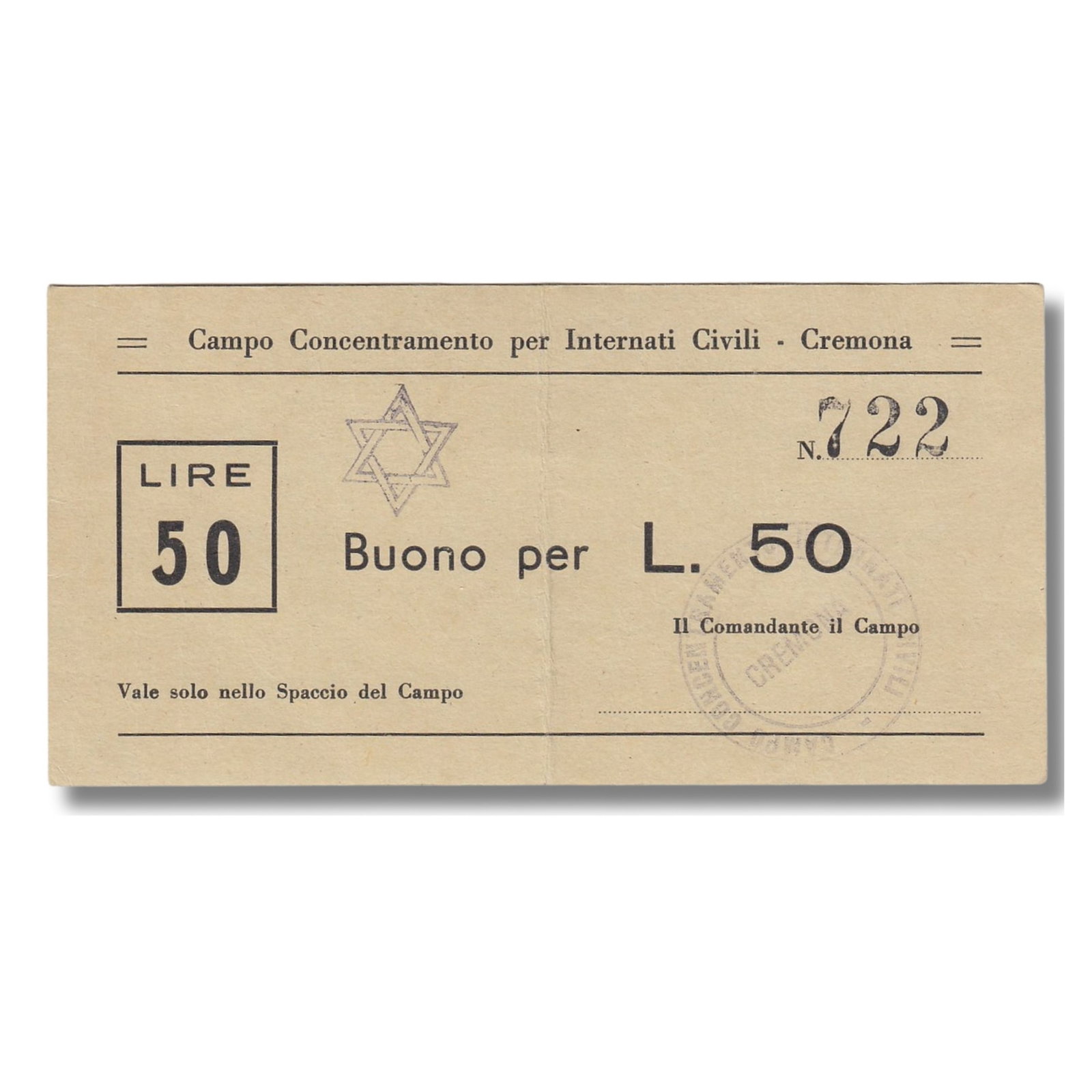 WWII - Italy Concentration Camp Cremona 50 Lire, good Extremely Fine with Star of David: Campbell# 6465 Medium Paper Money, Europe