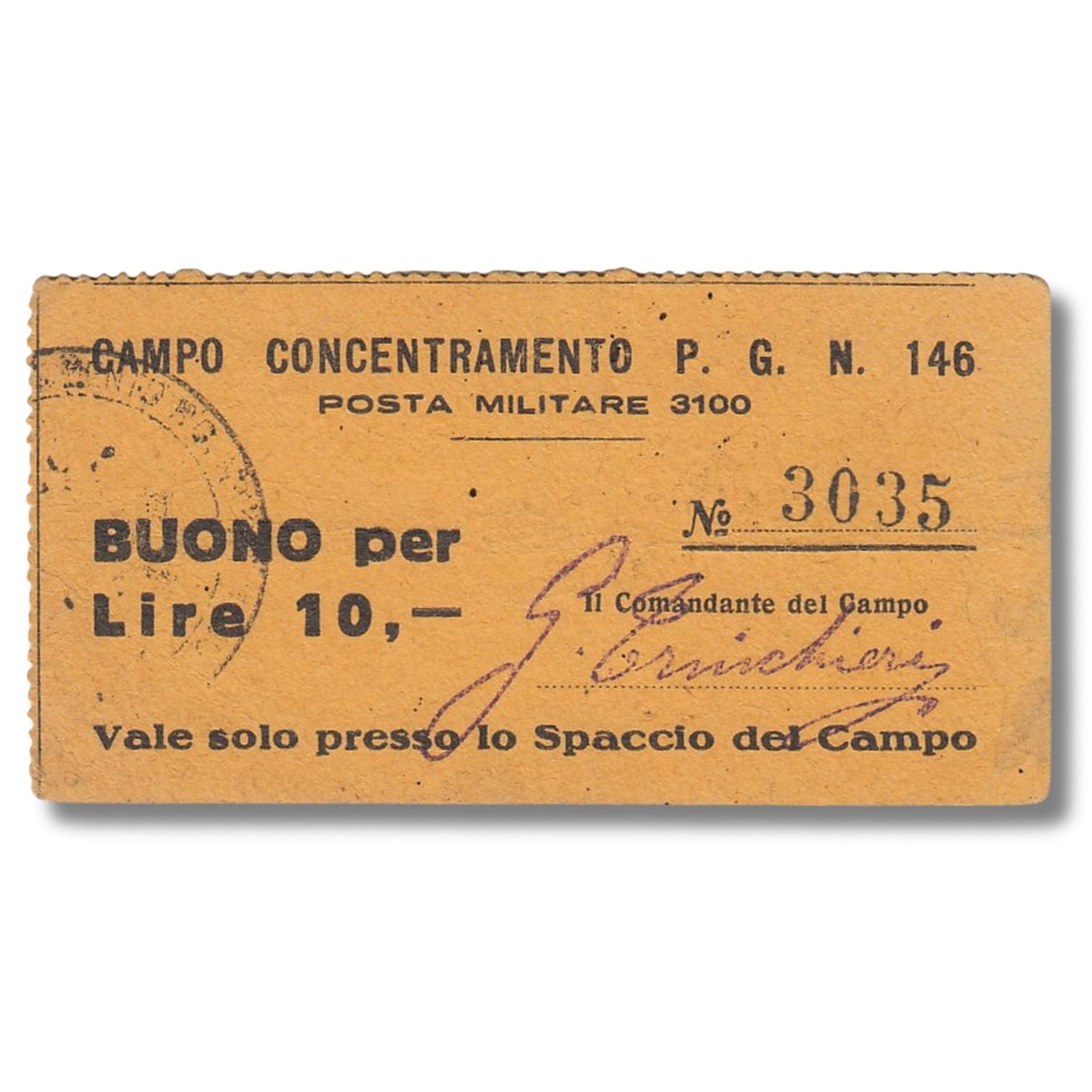 WWII - Italy Concentration Camp P.G.N.146 10 Lire, about Extremely Fine: Campbell# 6246 Medium Paper Money, Europe