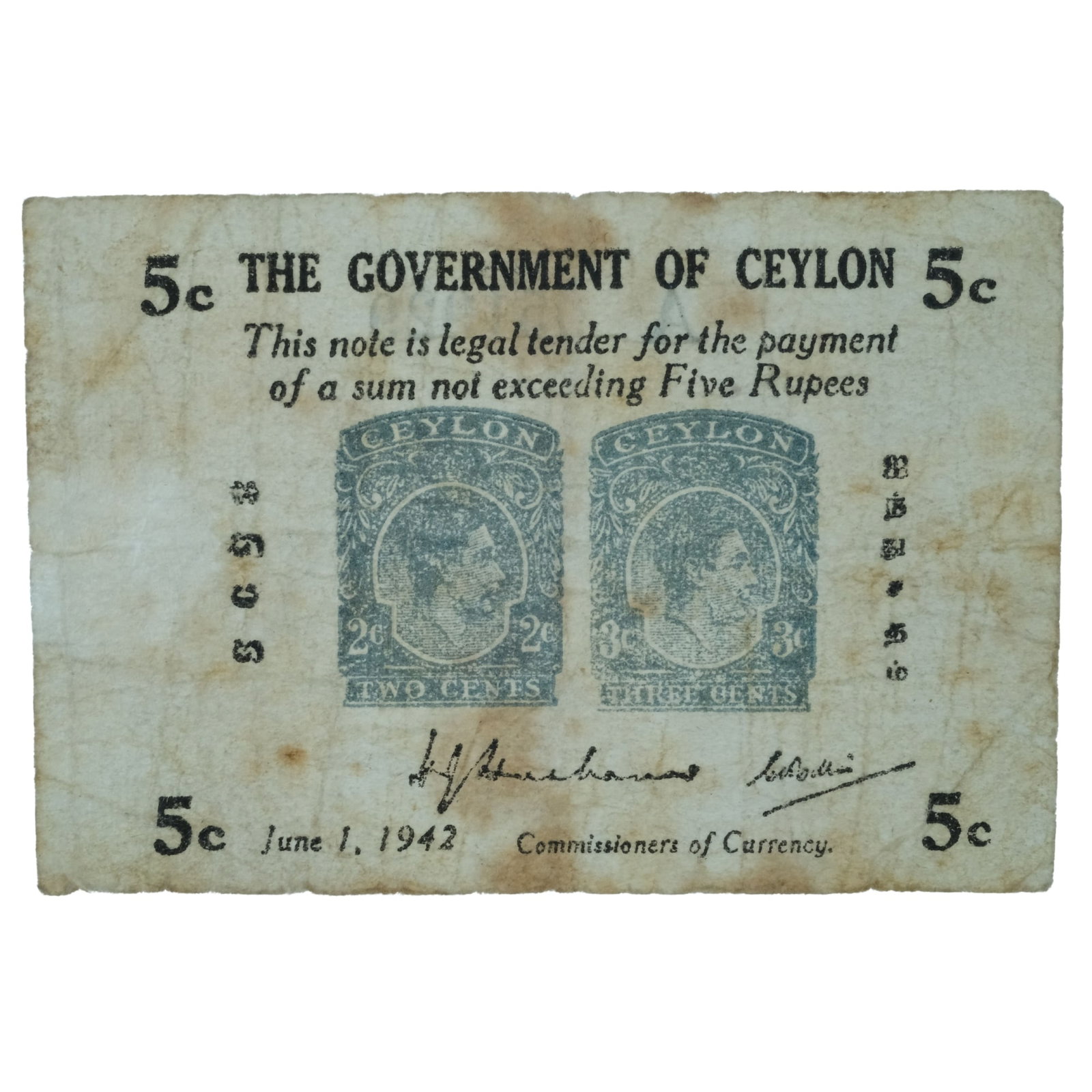 WWII - Ceylon June 1, 1942 'Emergency' 5 Rupees , Fine details: Pick# 42(b)