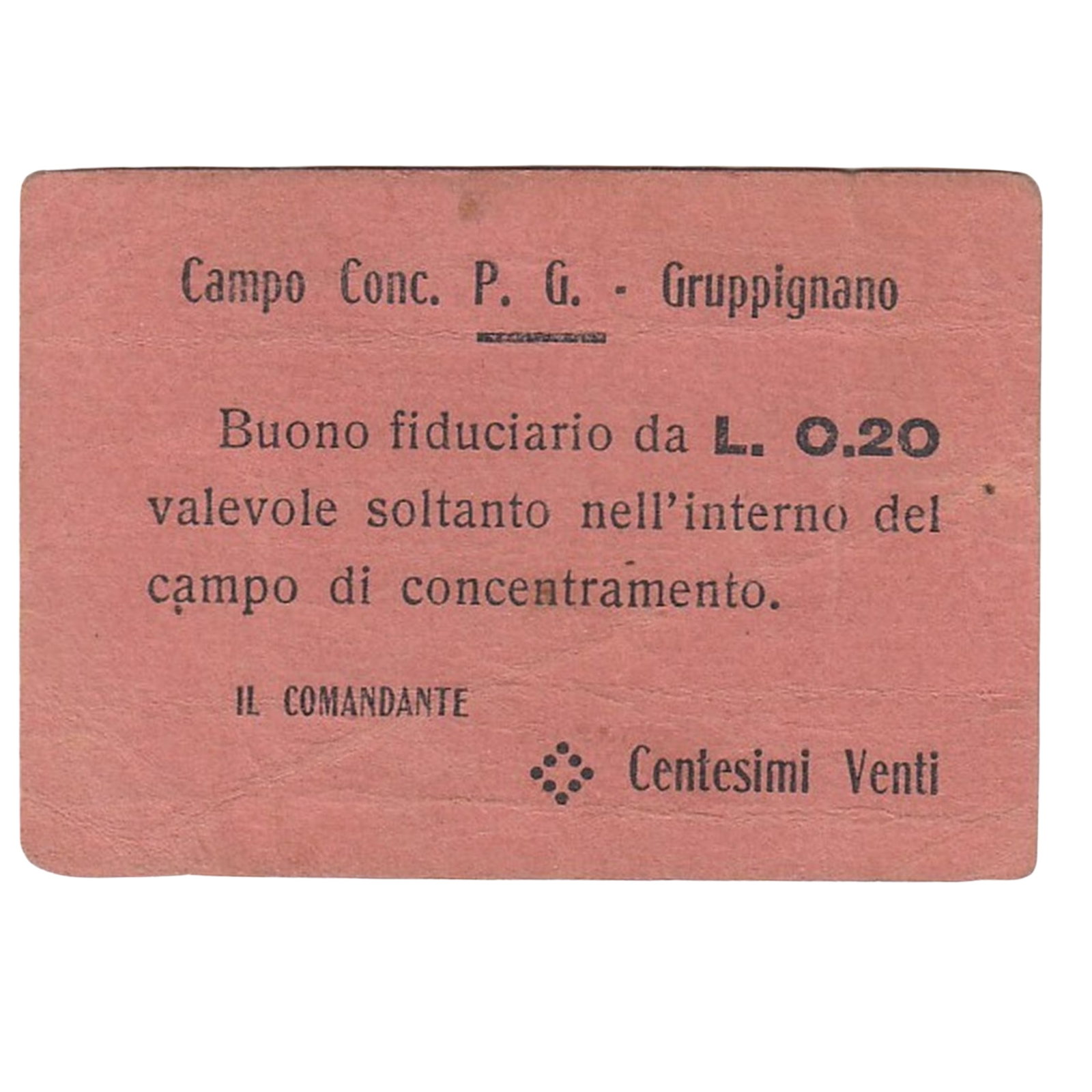 WWI - Gruppignano (Italy) P(risoner) o(f) W(ar) Camp 20 Lire, good Very Fine & Rare: Campbell only lists a 10 Lire. Rare