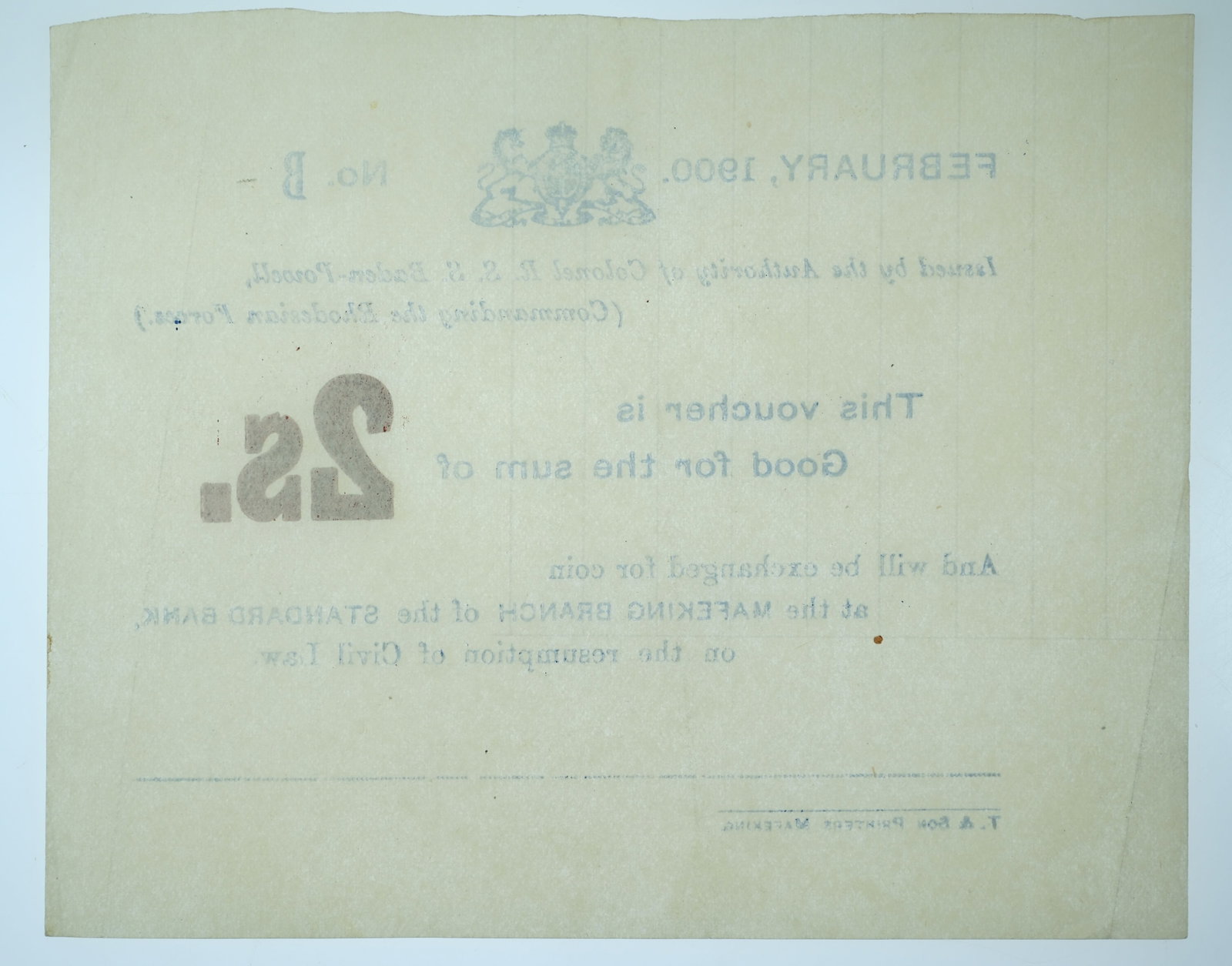Anglo - Boer War - South Africa Mafeking Siege Unissued 2/-, about Extremely Fine OPQ - 2