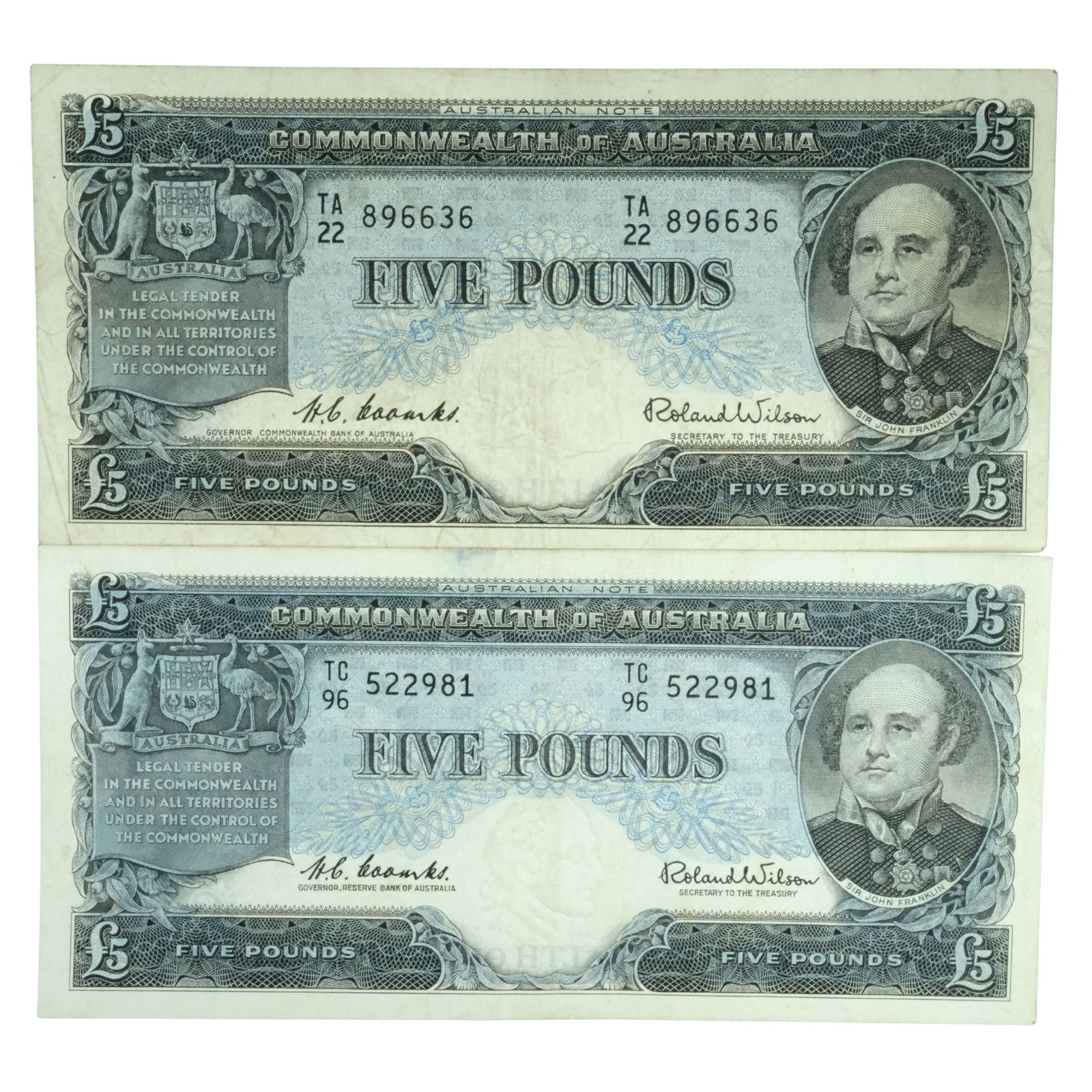 Australia 'Coombs - Wilson' C o A £5 (1953) & Reserve £1 (1961, Very Fine or better (2 not: Renniks # 49 & 50 : Serial# TA/22 896636 & TC 522981