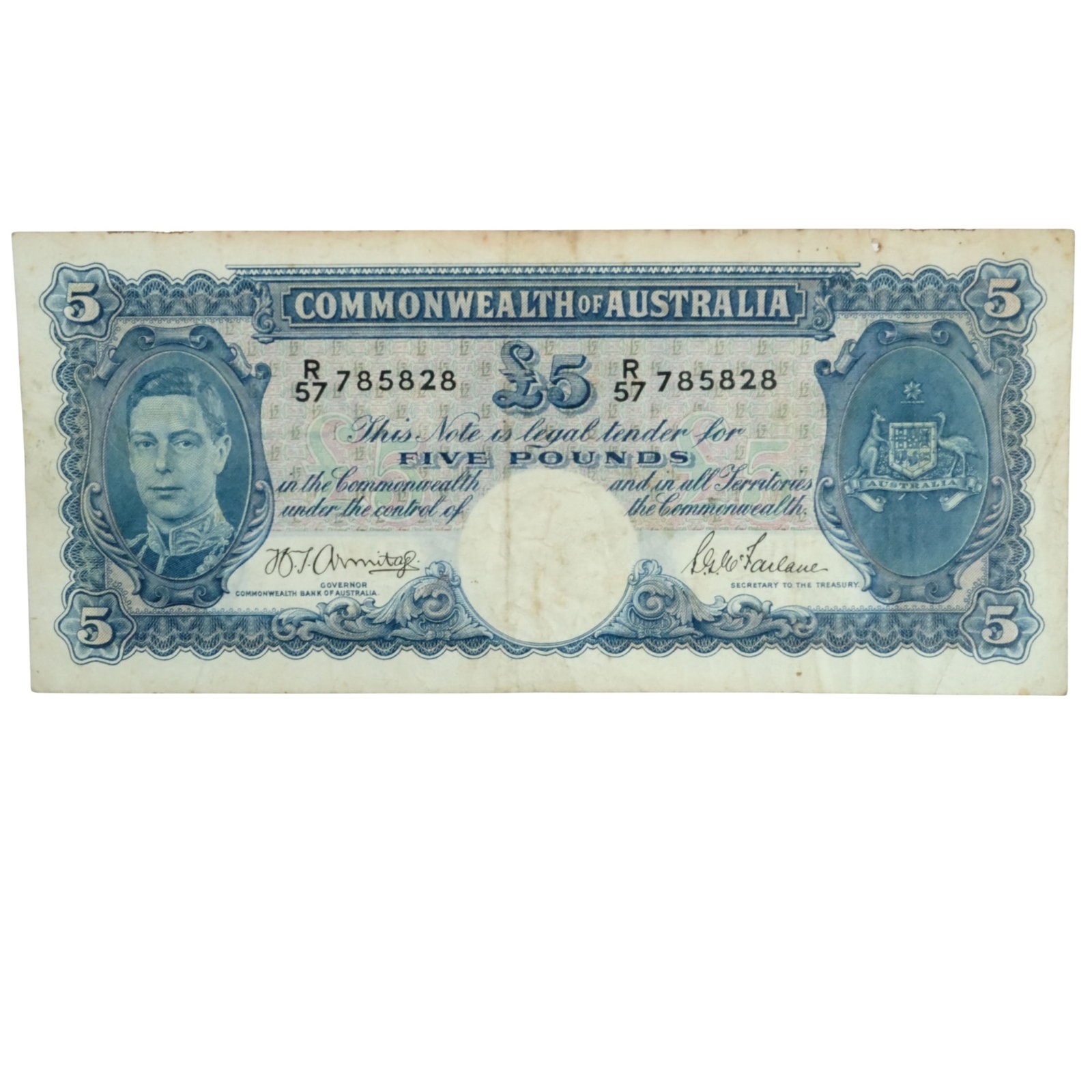 Australia 'Armitage - McFarlane' £5 (1942) about Very Fine details: Renniks# 46 : Serial# R/57 785828 Condition Staining on edges & Pin Hole top right margin