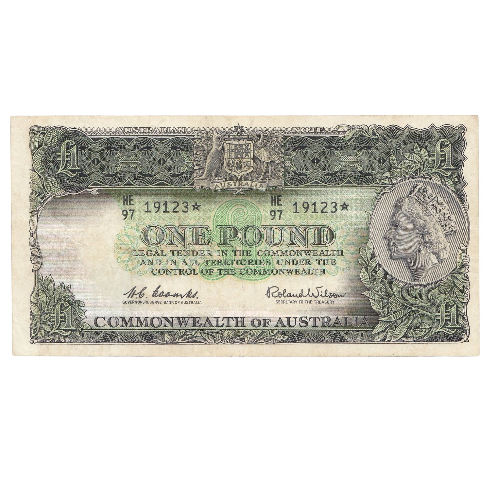 Australia 'Coombs - Wilson' Reserve * Replacement £1 w Dark Reverse (1961), good Very Fine deta: Renniks# 34sa : Serial# HE/97 19123* Condition Flattened Medium Coins, Monies & Stamps Exhibited Paper Money, Australia & New Zealand