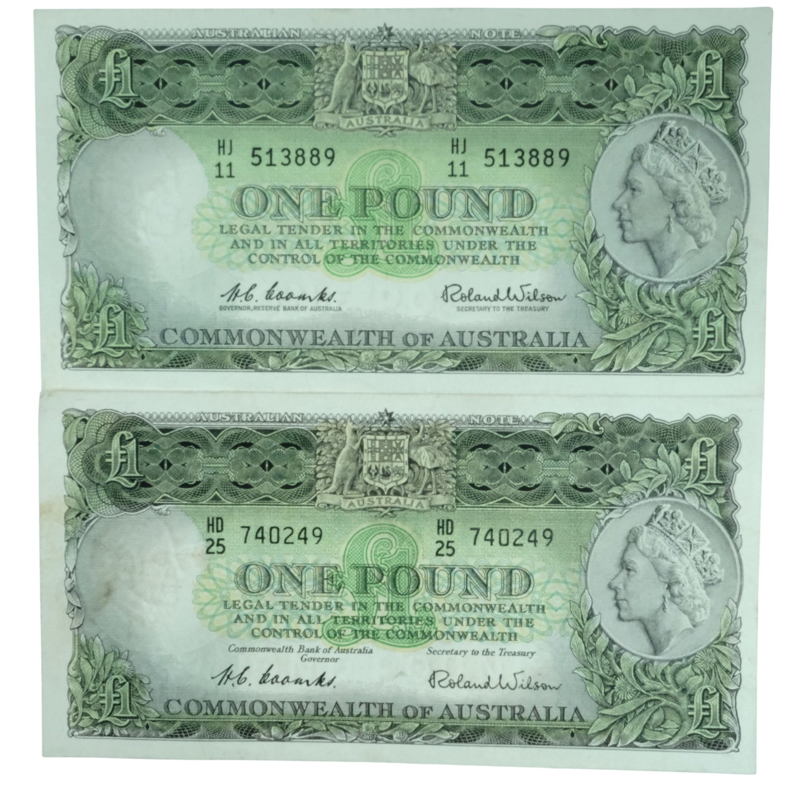 Australia 'Coombs - Wilson' C o A £1 (1953) & Reserve £1 (1961, Crisp Very Fine or better : Renniks # 33 & 34a : Serial# HD/25 740249 & HJ/11 513889