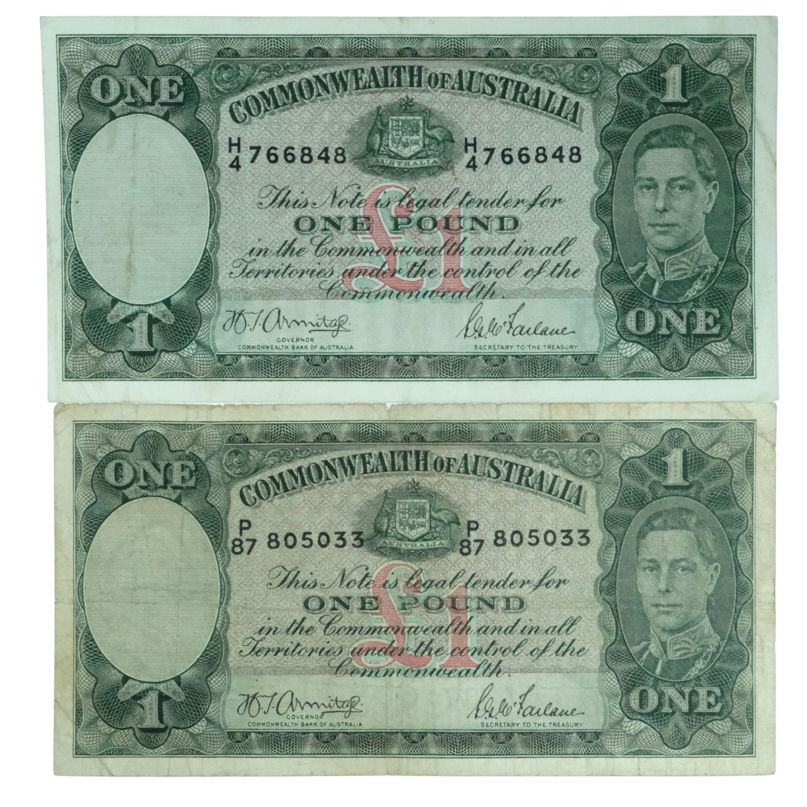 Australia 'Armitage - McFarlane' £1 (1942), Very Good & good Fine (2 notes): Renniks# 30a : Serial# P/87 805033 & H/4 766848