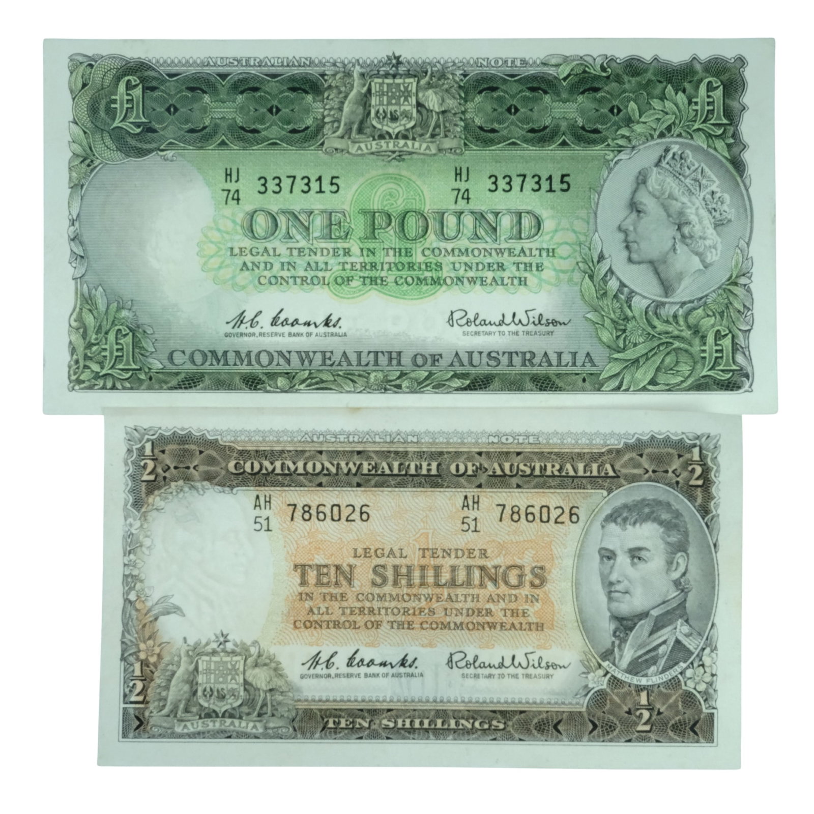 Australia 'Coombs - Wilson' Reserve 10/- & £1 (1961), Crisp good Very Fine OPQ or better (2 not: Renniks# 17 & 34b Serial# AH/51 786026 & HJ74 337315 Condition O(riginal) P(aper) Q(uality)