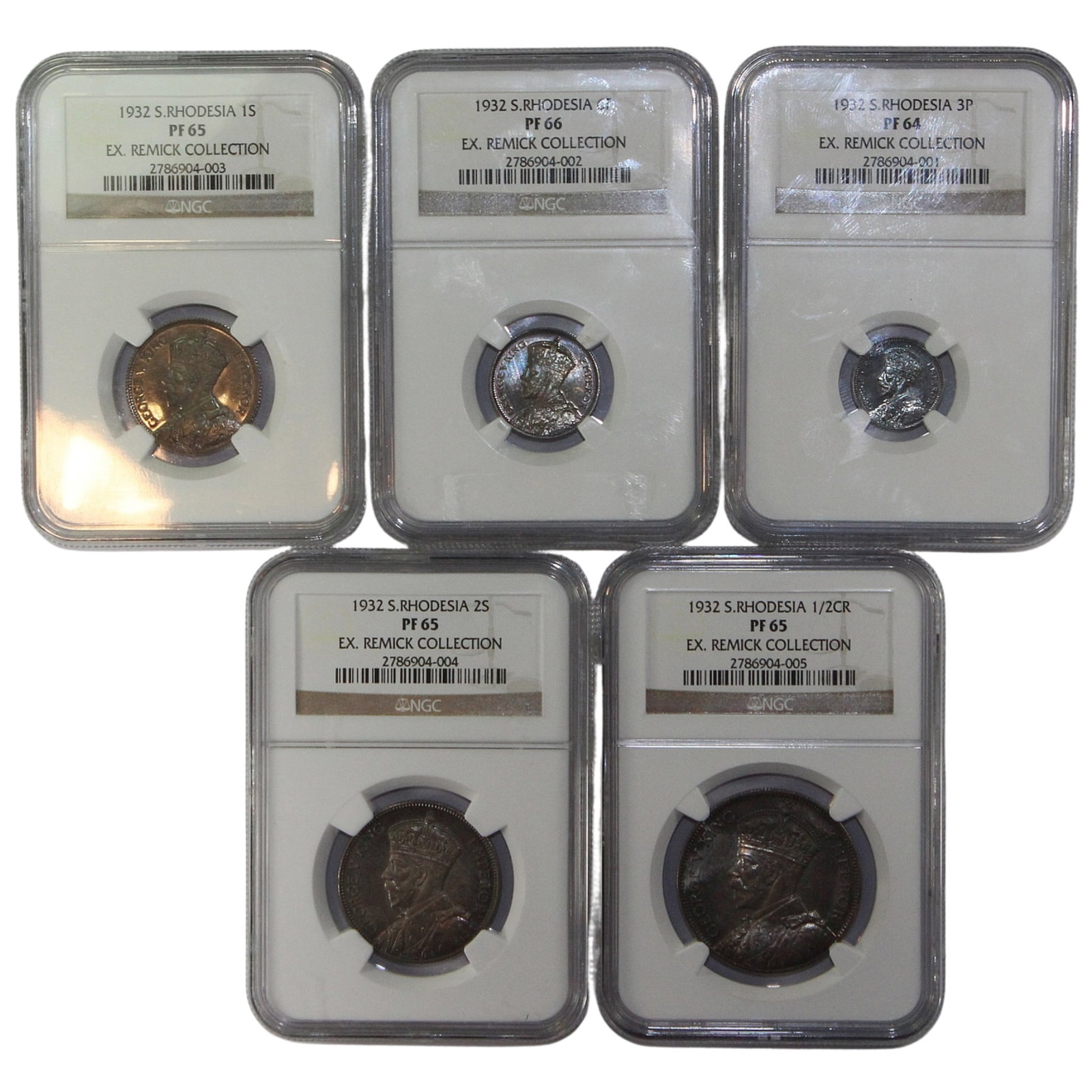 Southern Rhodesia 1932 Silver Proof Set FDC (5 coins): NGC graded 3d PF64, 6d PF66, 1/- PF65, 2/- PF65 & 2/6 PF65 Condition FDC Medium Coins, Monies & Stamps Provenance Ex Jerome Remick Collection (Spink 11/06 Lot 952) Literature Mintage 496 Exhibited