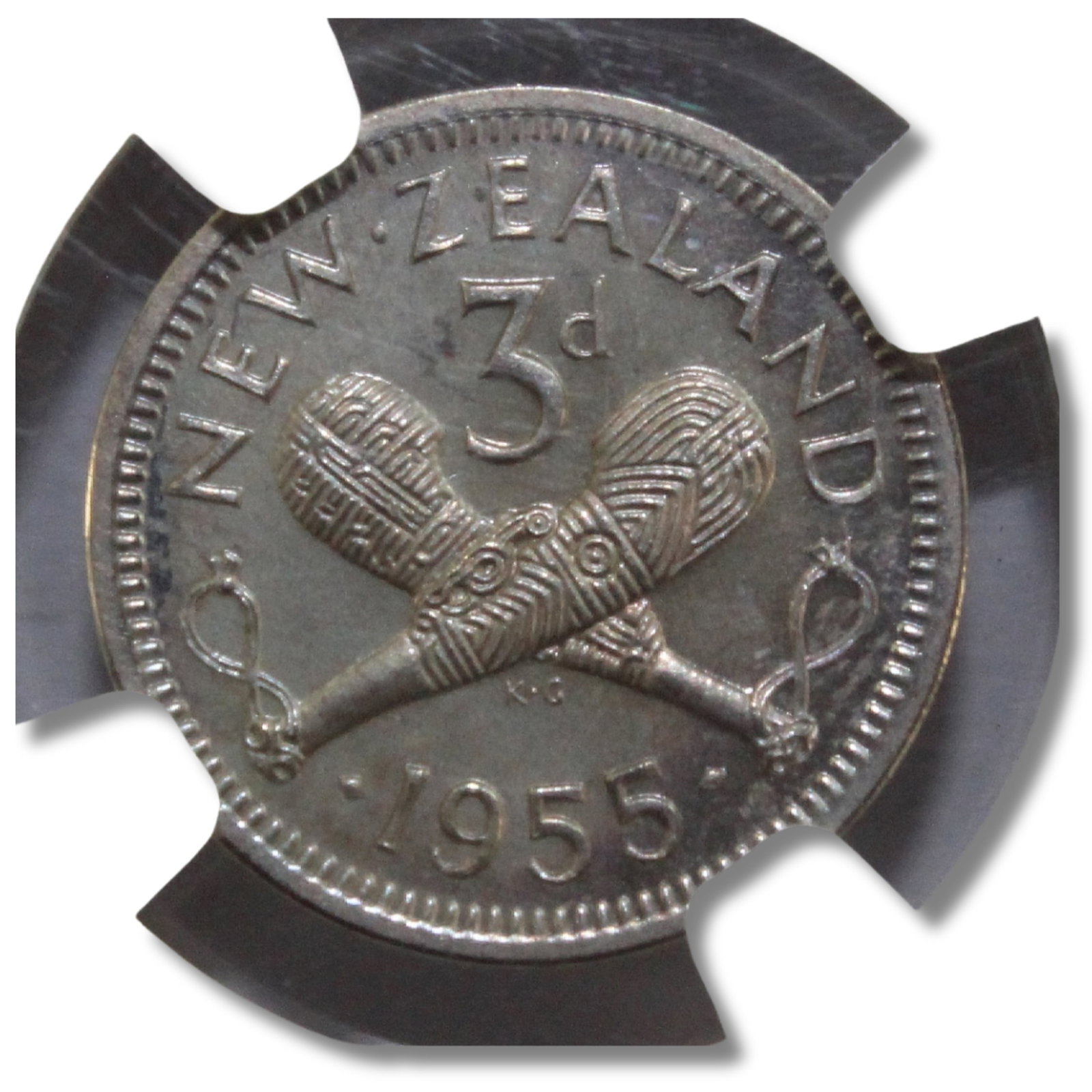 New Zealand 1955 Proof Threepence, NGC PF66 (Pop 1): Highest graded NGC PF66 (1) & PCGS PR 64 Cam (1) Medium Coins, Monies & Stamps