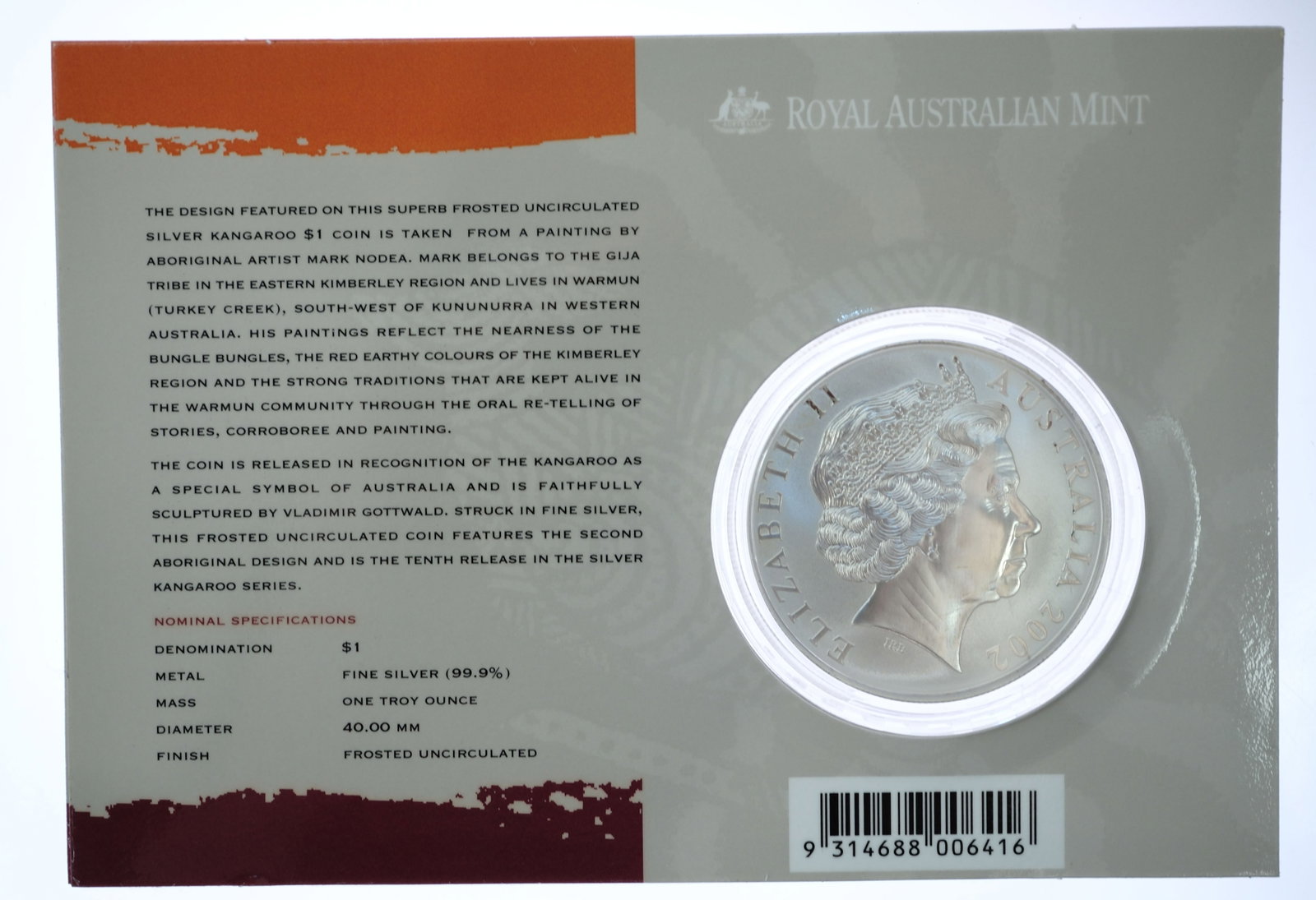 Australia 2002 Silver (999) Kangaroo $1, Frosted Uncirculated - 2