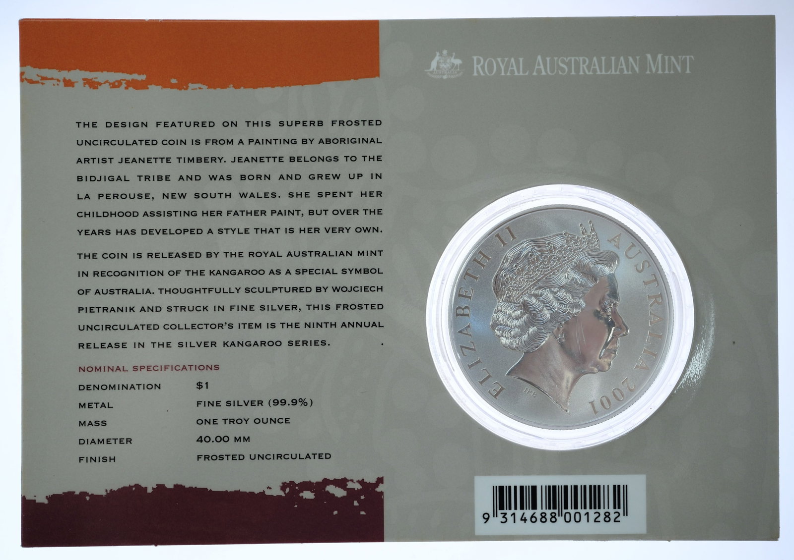 Australia 2001 Silver (999) Kangaroo $1, Frosted Uncirculated - 2