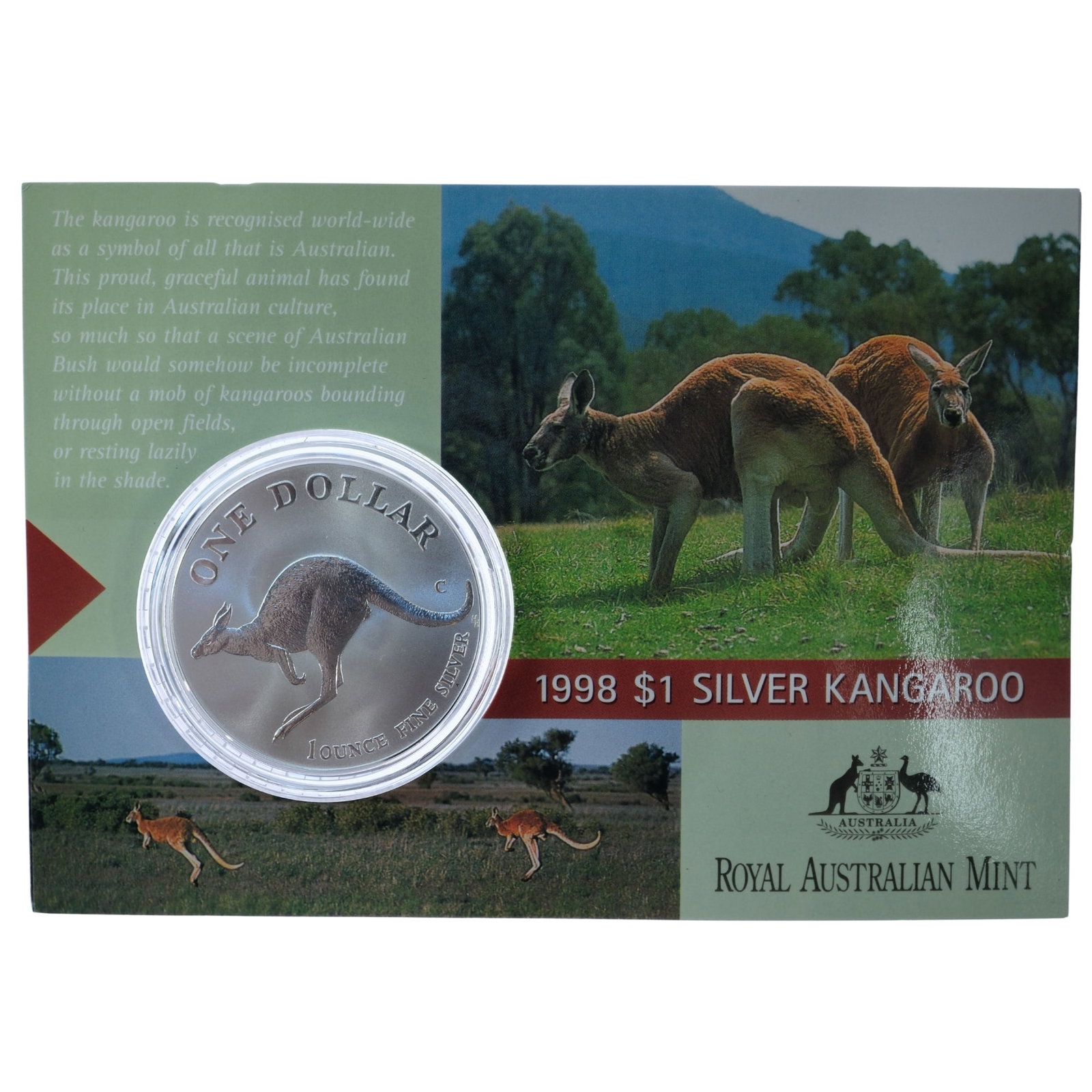 Australia 1998 Silver (999) Kangaroo $1, Frosted Uncirculated: Card of issue Size ASW Troy oz