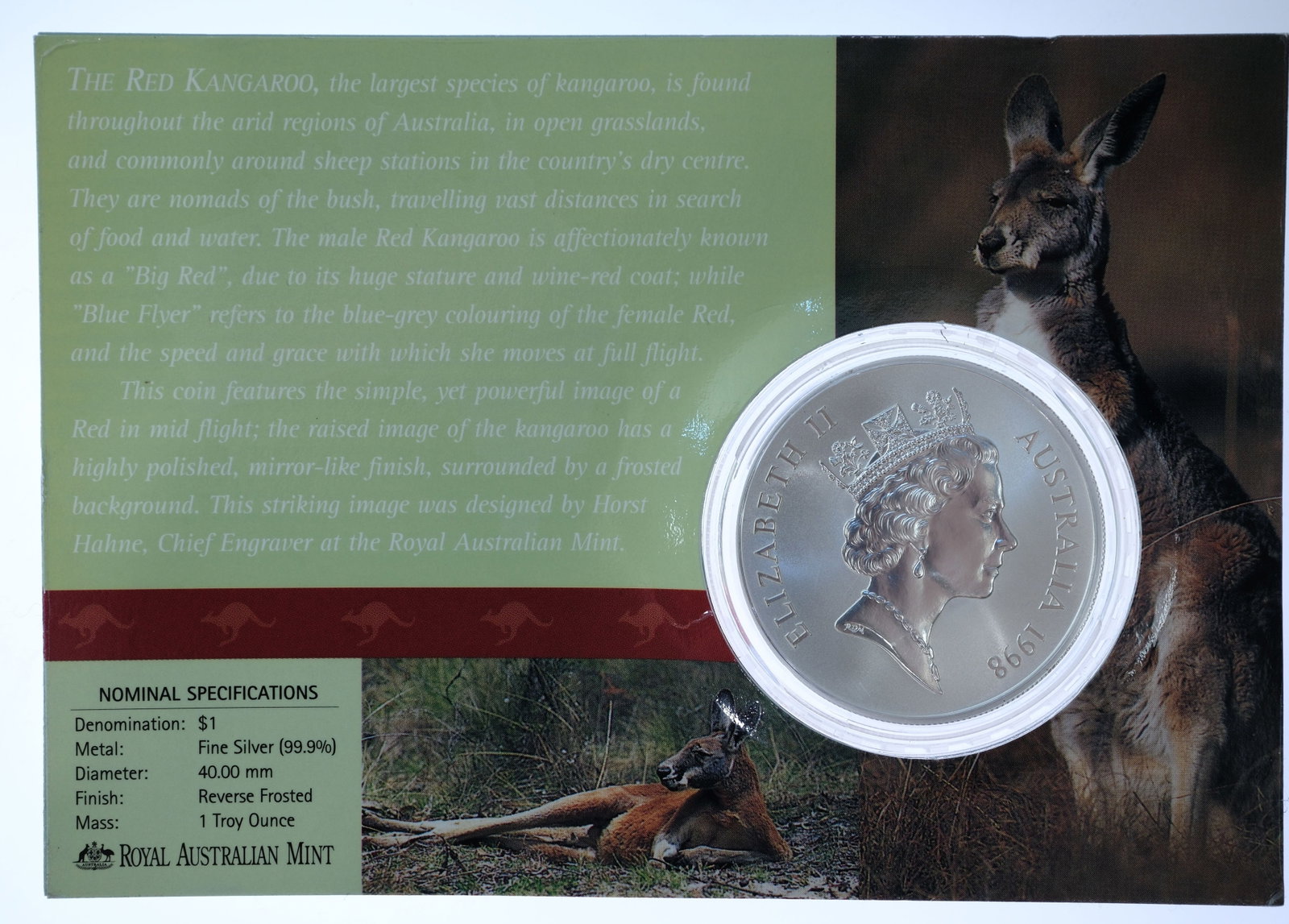Australia 1998 Silver (999) Kangaroo $1, Frosted Uncirculated - 2