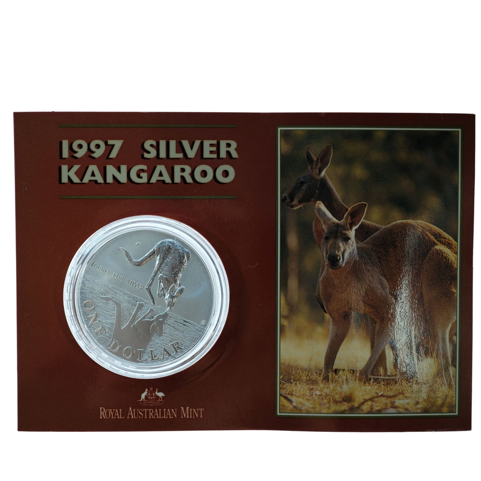 Australia 1997 Silver (999) Kangaroo $1, Frosted Uncirculated: Card of issue Size ASW Troy oz