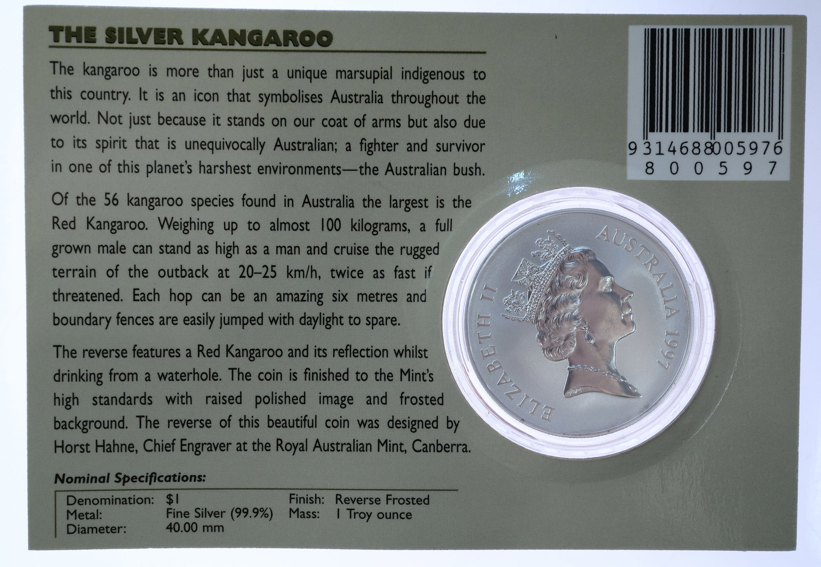 Australia 1997 Silver (999) Kangaroo $1, Frosted Uncirculated - 2