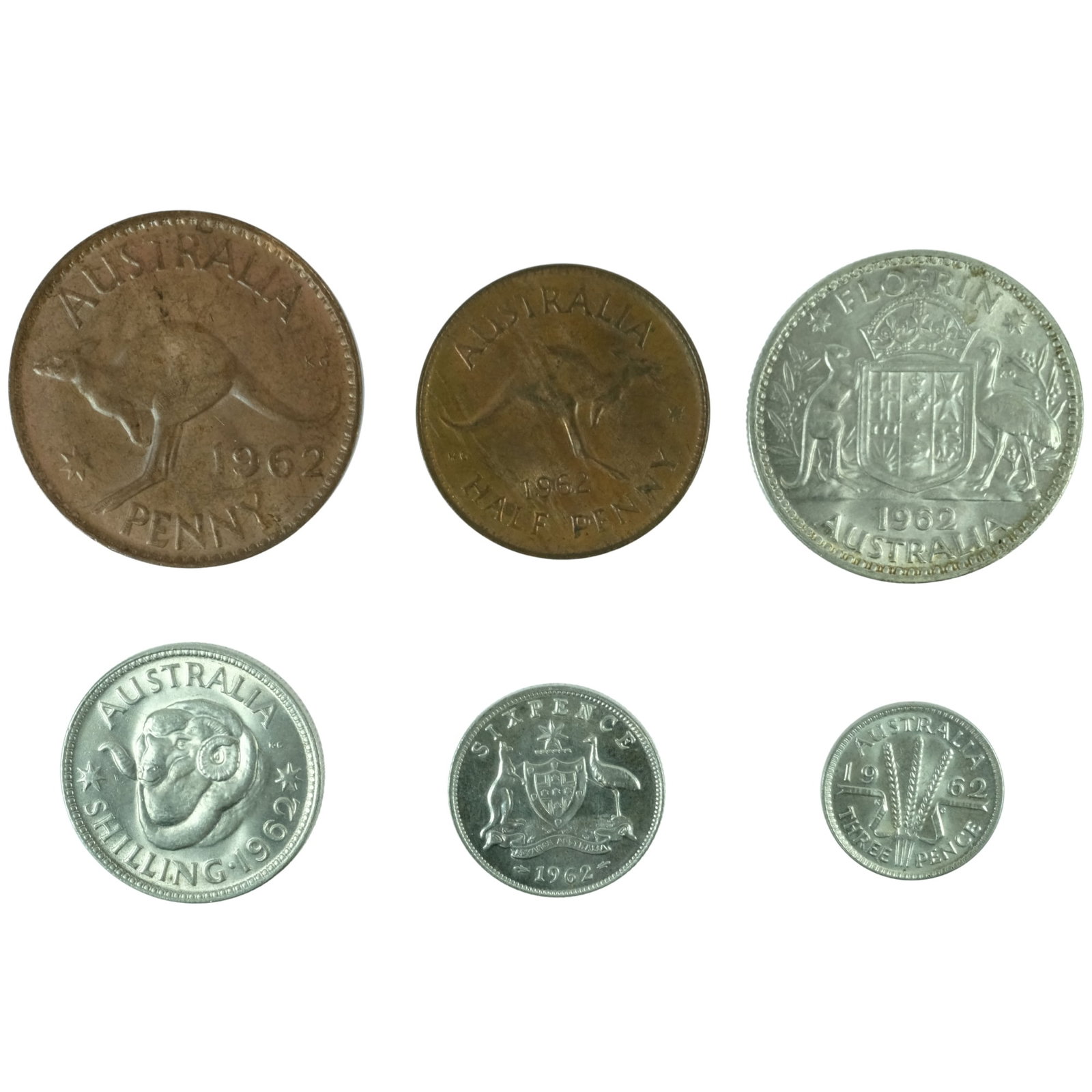 Australia 1962 Copper 1/2d, 1d & Silver (500) 3d, 6d, 1/-, 2/- Year Set, Uncirculated (6 Coins): QEII