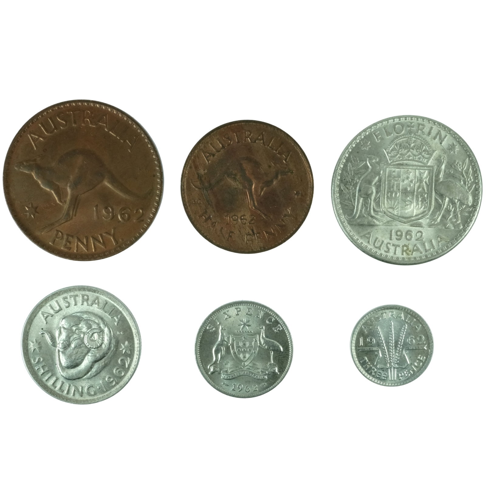 Australia 1962 Copper 1/2d, 1d & Silver (500) 3d, 6d, 1/-, 2/- Year Set, Uncirculated (6 Coins): QEII