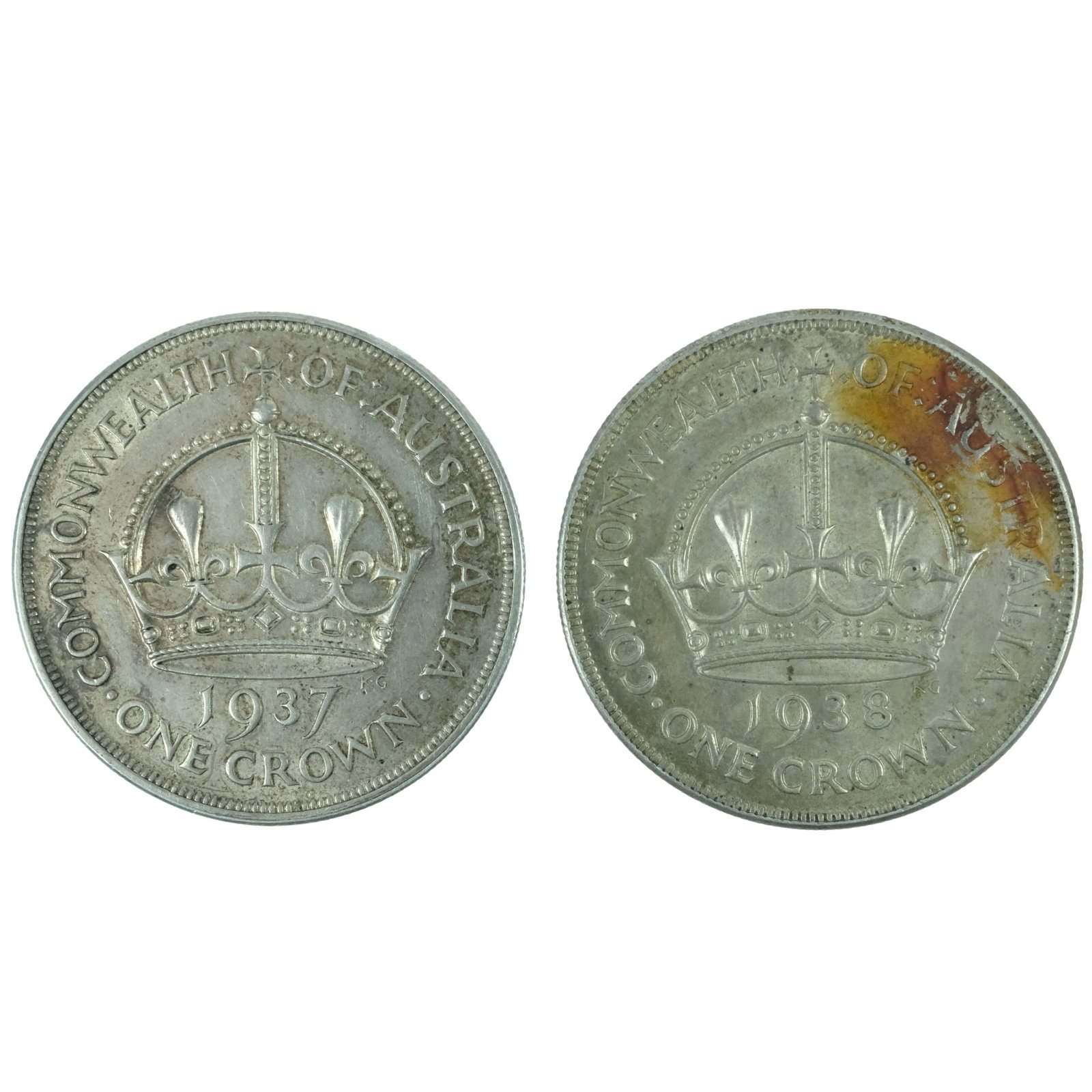 Australia 1937 & 1938 Crowns, about Extremely Fine: George VI Size Combined ASW 1.6282 Troy oz