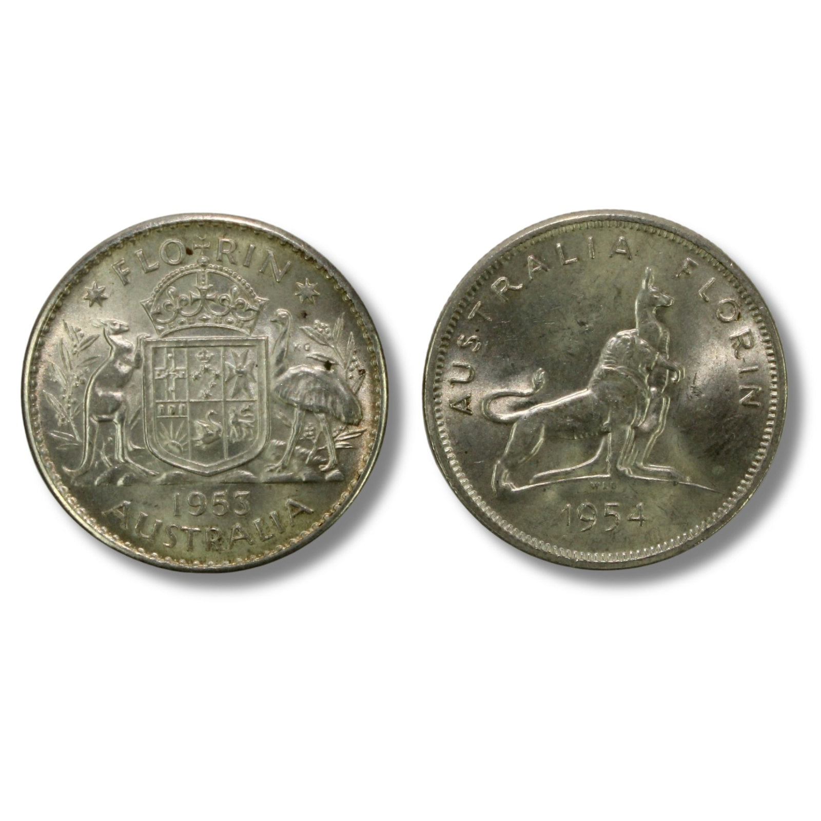 Australia 1953 & 1954 'Royal Visit of QEII' Silver 2/-'s, Choice Uncirculated (2 coins): 1953 'First QEII Florin' & 1954 'First Visit of a Reigning Monarch to Australia' Size Combined ASW 0.3636 Troy oz Medium Coins, Monies & Stamps Exhibited Coins, Australia & New Zealand