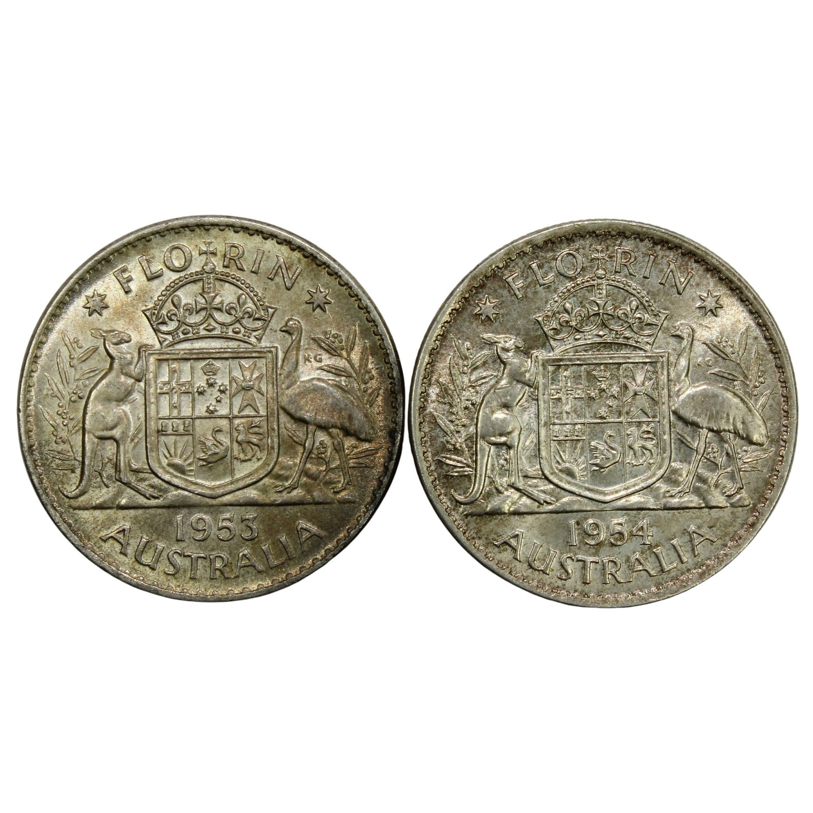 Australia 1953 & 1954 Florins, Choice Uncirculated: Two-year type Size Combined ASW 0.3636 Troy oz Medium Coins, Monies & Stamps