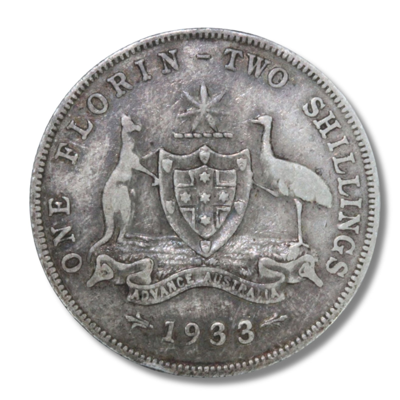 Australia 1933 Florin, about Fine: Key date with a mintage of just 610,000 Size ASW 0.3363 Troy oz Medium Coins, Monies & Stamps Exhibited Coins, Australia & New Zealand