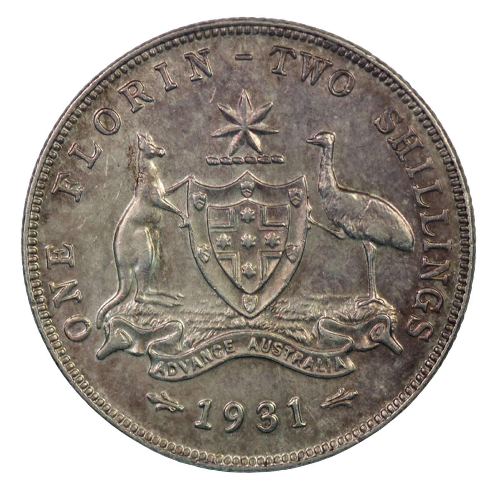Australia 1931 Florin, Choice Uncirculated: George V Size ASW 0.3363 Troy oz Condition Toned with reflective surfaces Medium Coins, Monies & Stamps Exhibited Coins, Australia & New Zealand